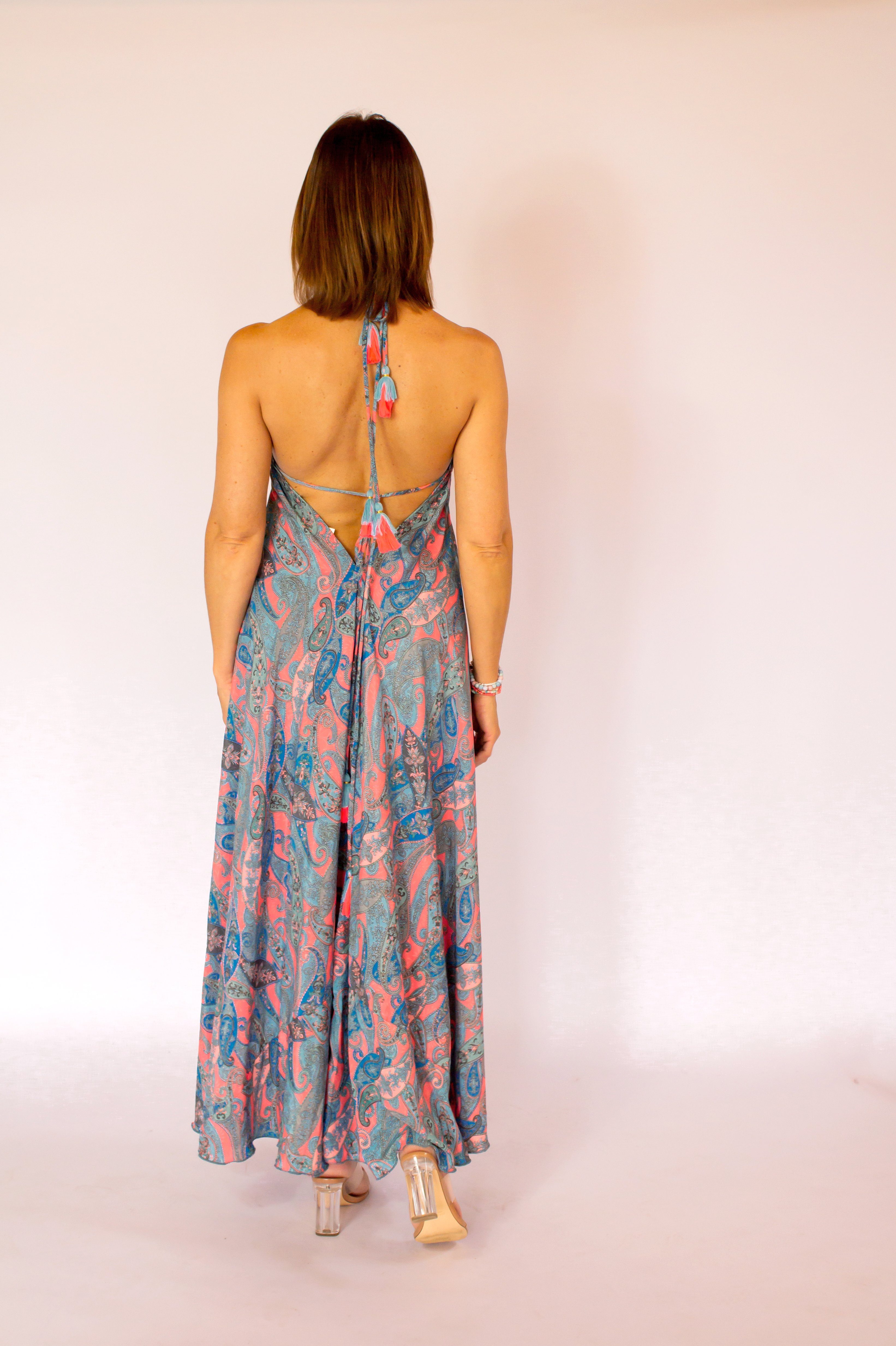 Rückenausschnitt tiefem MonCaprise Strandkleid One mit Mehrfarbig by Size Seidenmix Boho, Maxikleid Clothè Sommerkleid
