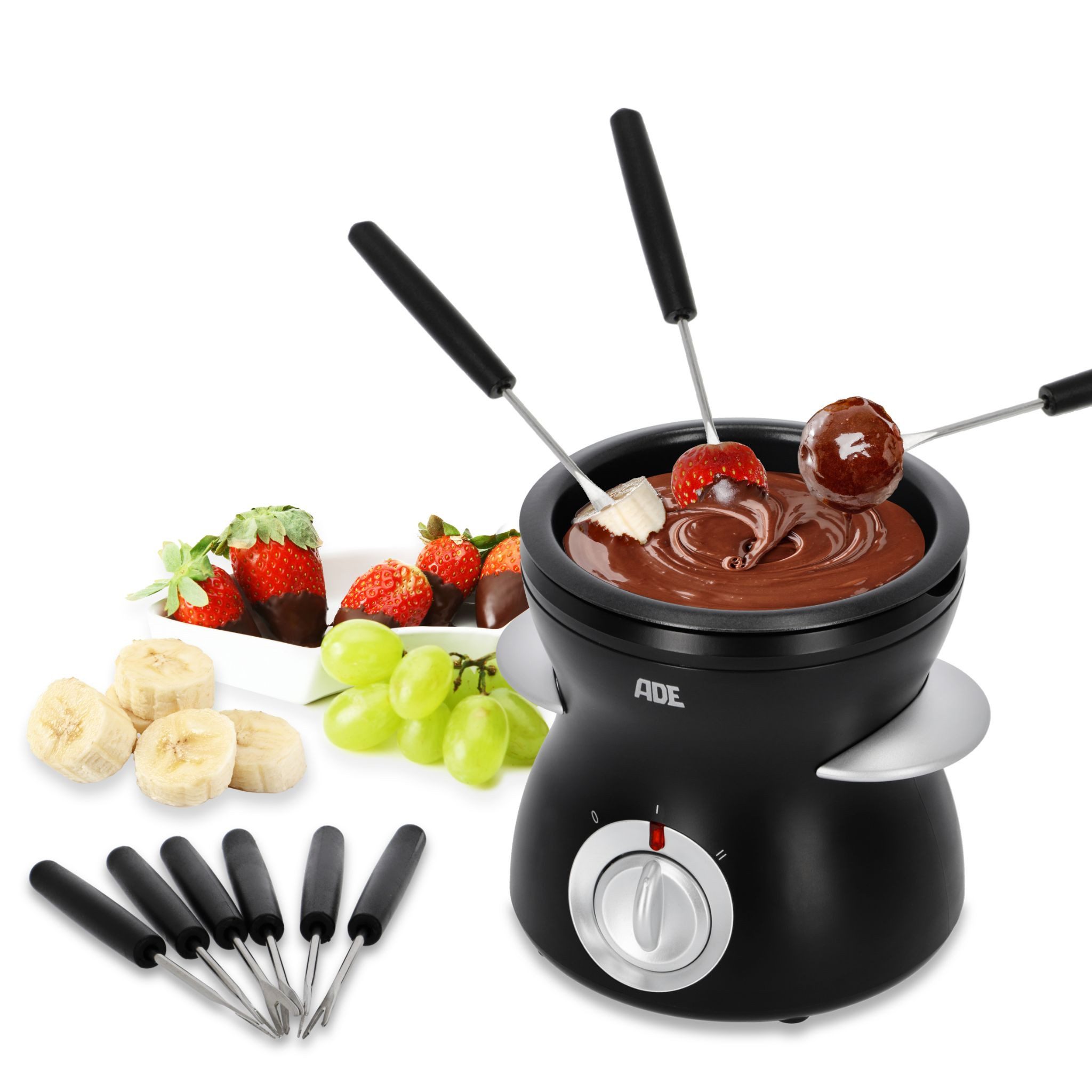 ADE Elektro-Fondue Elektrisches Schokofondue mit 2 Temperaturstufen, 0,25 l, inkl. Gabeln, herausnehmbare Schüssel, zum Schmelzen und Warmhalten