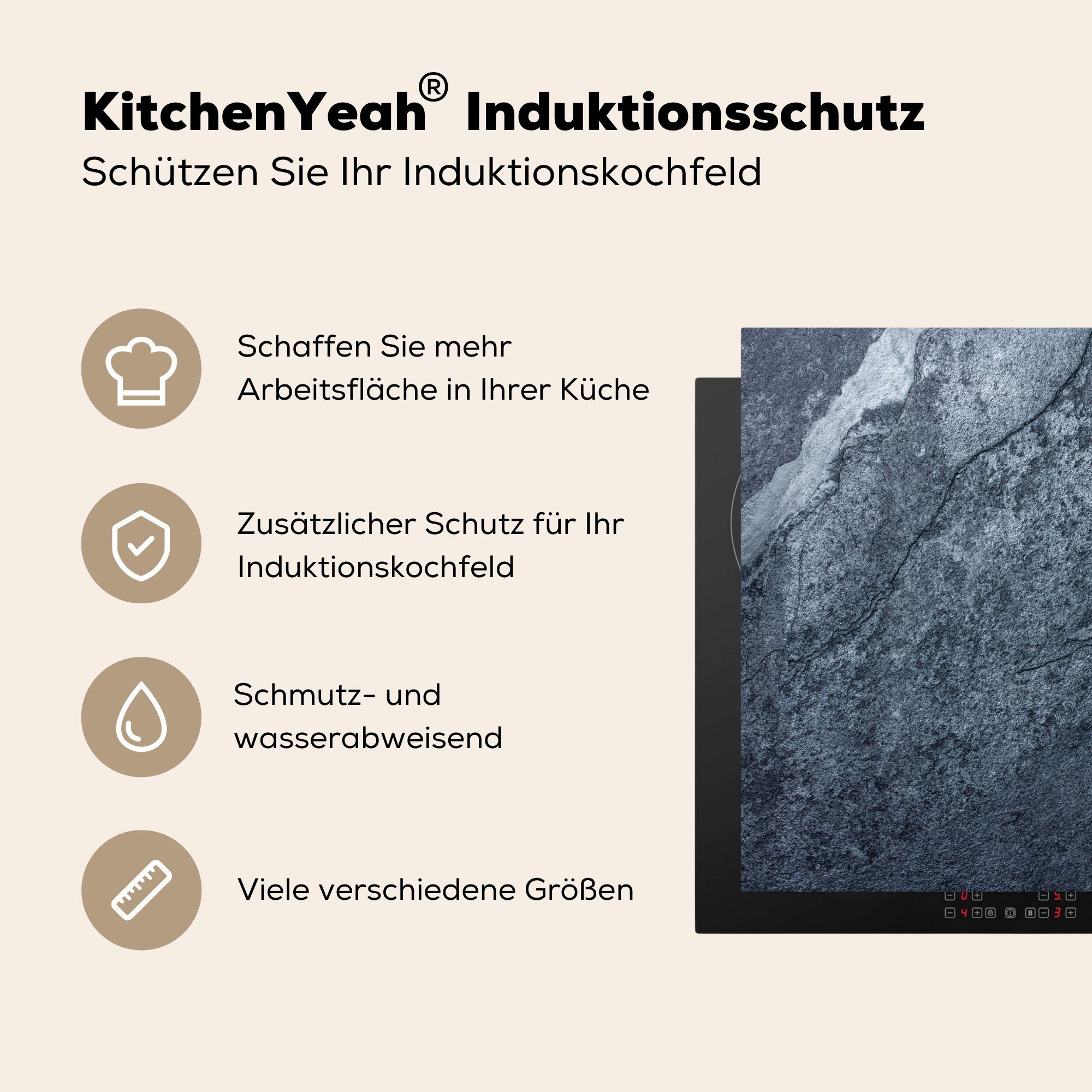 MuchoWow Herdblende-/Abdeckplatte Stein - - Induktionsschutz, tlg), - Grau, (1 Induktionskochfeld, cm, Textur Schiefer Ceranfeldabdeckung Vinyl, 59x51