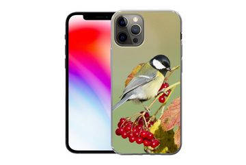 MuchoWow Handyhülle Tolle Meise zwischen den roten Blättern, Handyhülle Apple iPhone 12 Pro, Smartphone-Bumper, Print, Handy