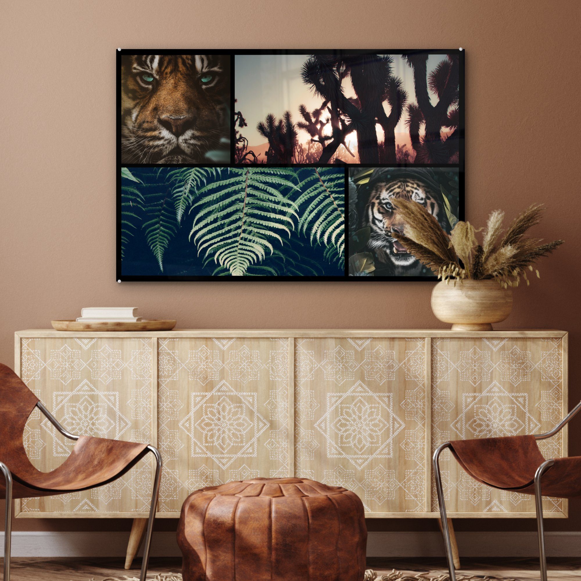 Acrylglasbilder (1 Pflanzen MuchoWow - St), Wohnzimmer & - - Sonnenuntergang, Schlafzimmer Acrylglasbild Tiger Collage