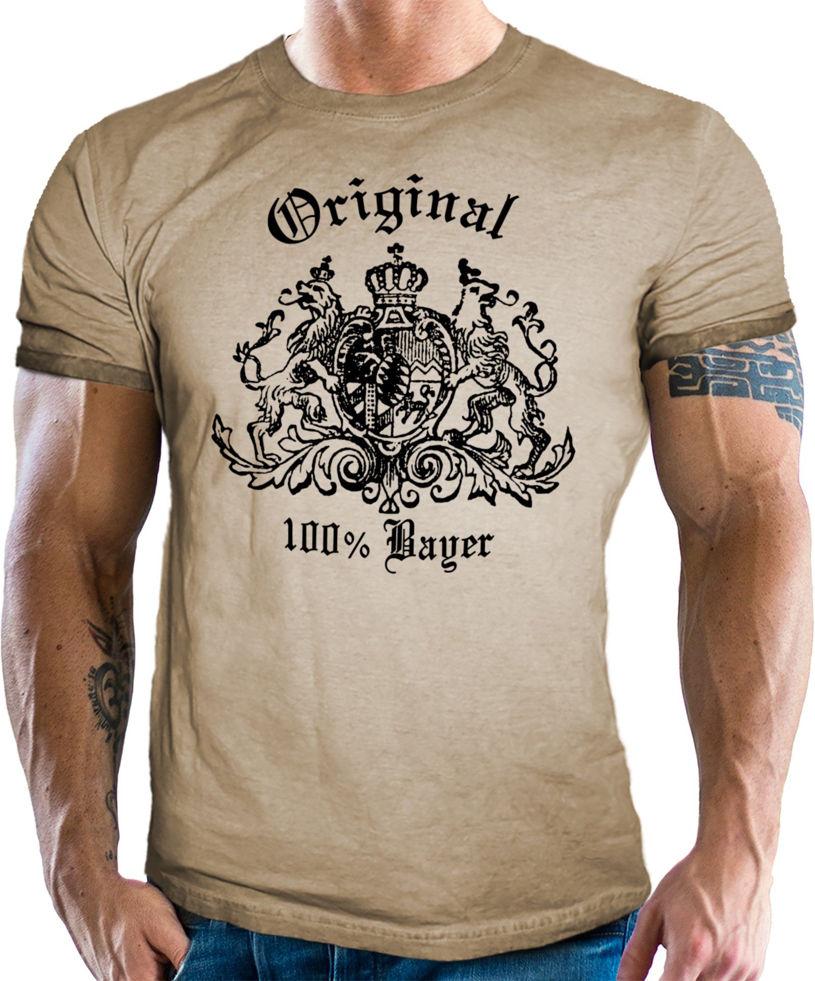 LOBO NEGRO® Trachtenshirt für Bayern Trachten Fans im Washed Sand Used Look: 100% Bayer