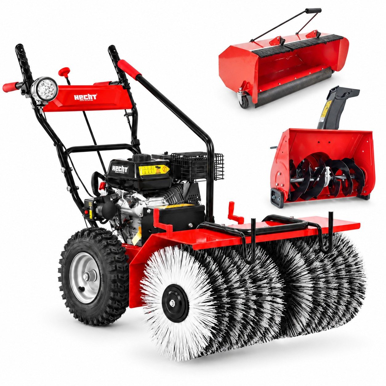 Hecht Benzin-Kehrmaschine 8680 SE Set 6 Benzin 80 cm mit Fräskopf 55 cm und Auffangbox, 80 cm Arbeitsbreite, (3-tlg), 6,5 PS, LED-Scheinwerfer, Elektrostarter