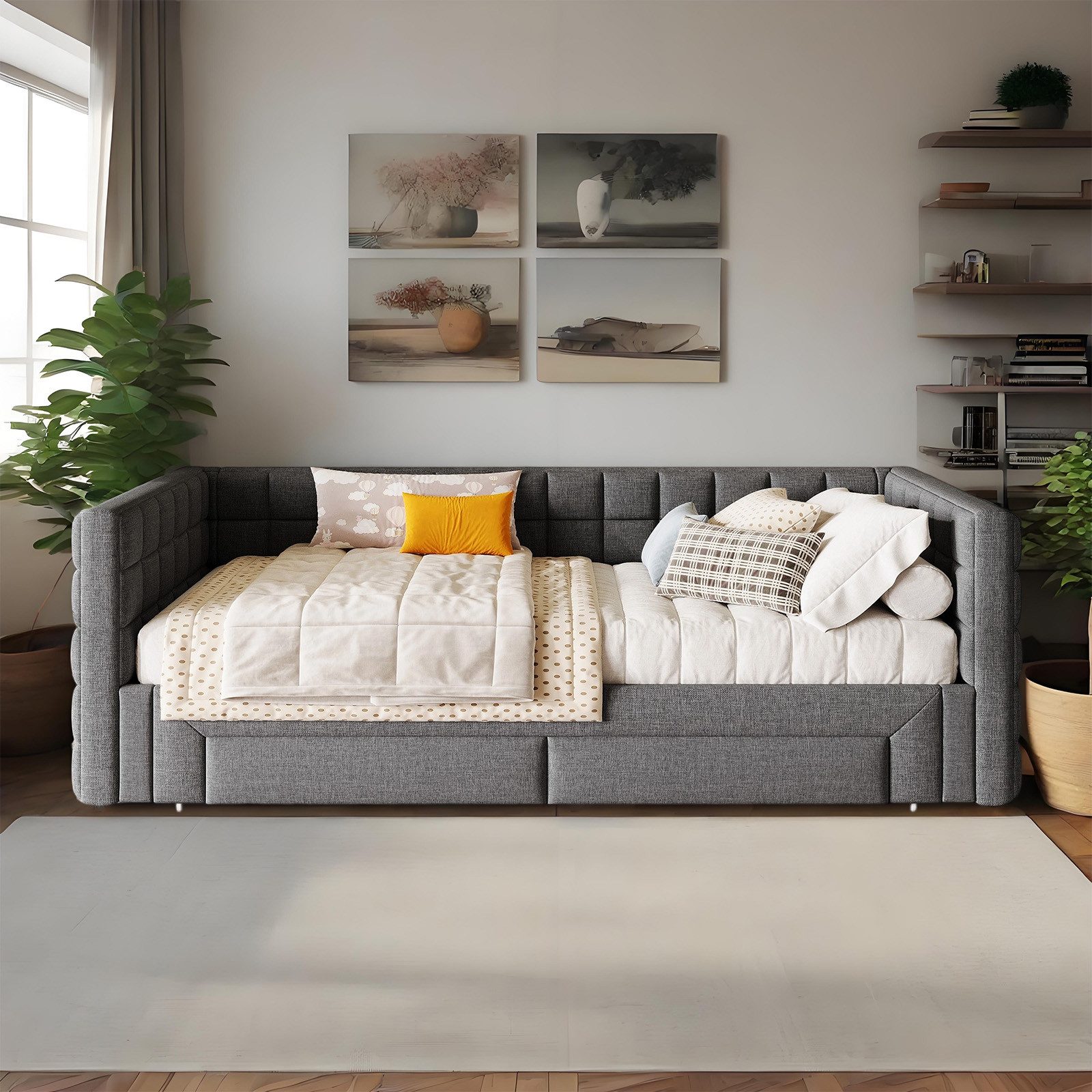 MODFU Daybett Funktionsbett 90x200 cm, 2 Schubladen (Ausziehbares Sofabett mit Quadratischer Rückenlehne, Kinderbett Doppelbett), ohne Matratze