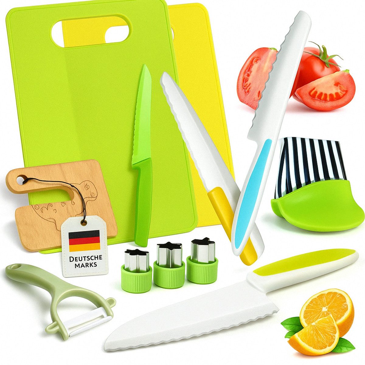 König Design Kochmesser Kinderkochmesser 17-teiliges, Kinder Küchenmesser Set Schneidebretter Messer und Ausstechformen