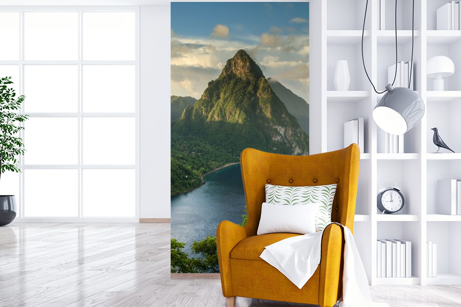 Schlafzimmer für St), MuchoWow Matt, auf Berglandschaft bedruckt, Blick Wohnzimmer mit Regenwald eine St., Fototapete Fototapete Vliestapete (2 bedeckte tropischem Küche, in