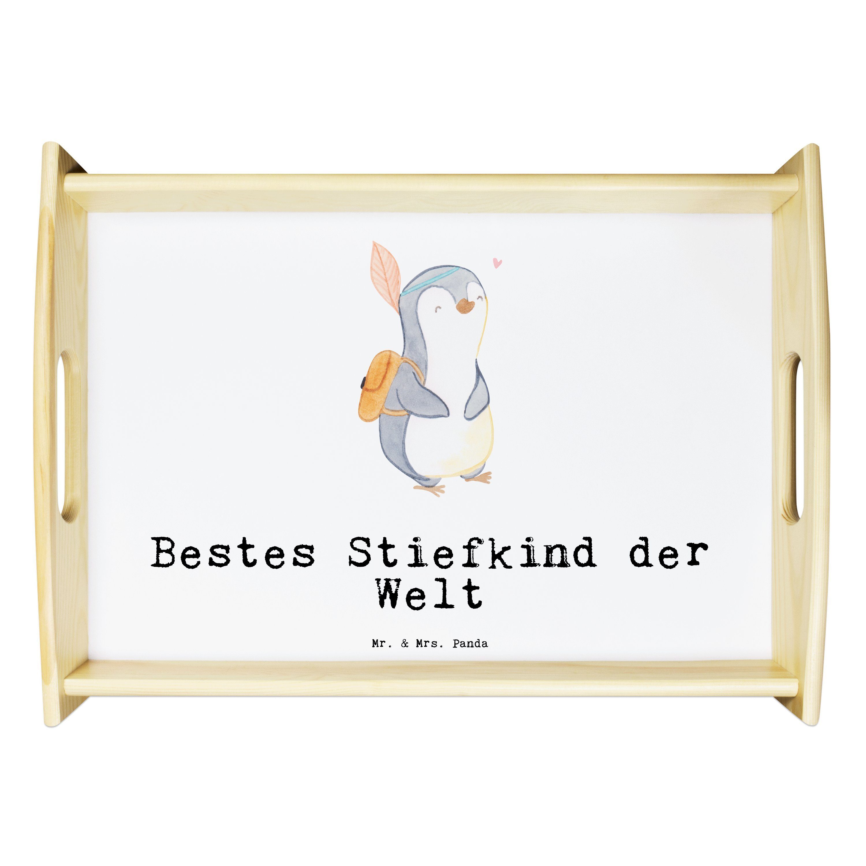 Mr. & Mrs. Panda Tablett Pinguin Bestes Stiefkind der Welt - Weiß - Geschenk, Holztablett, Soh, Echtholz lasiert, (1-tlg)