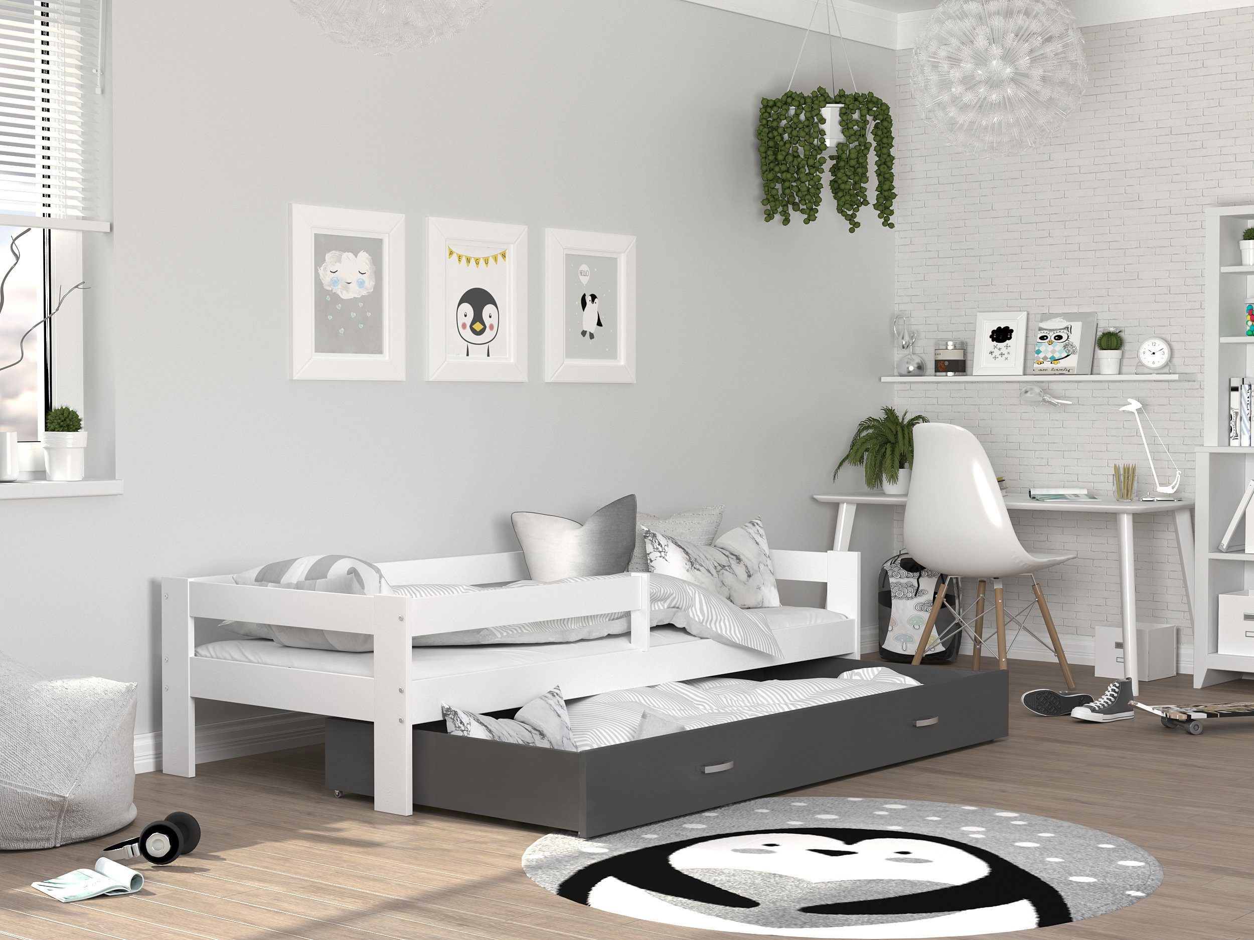 Siblo Einzelbett Amy (Flexibler Lattenrost, Schublade, Sicherheitsbarriere), Möbelplatte, Massivholz Weiß und Grau