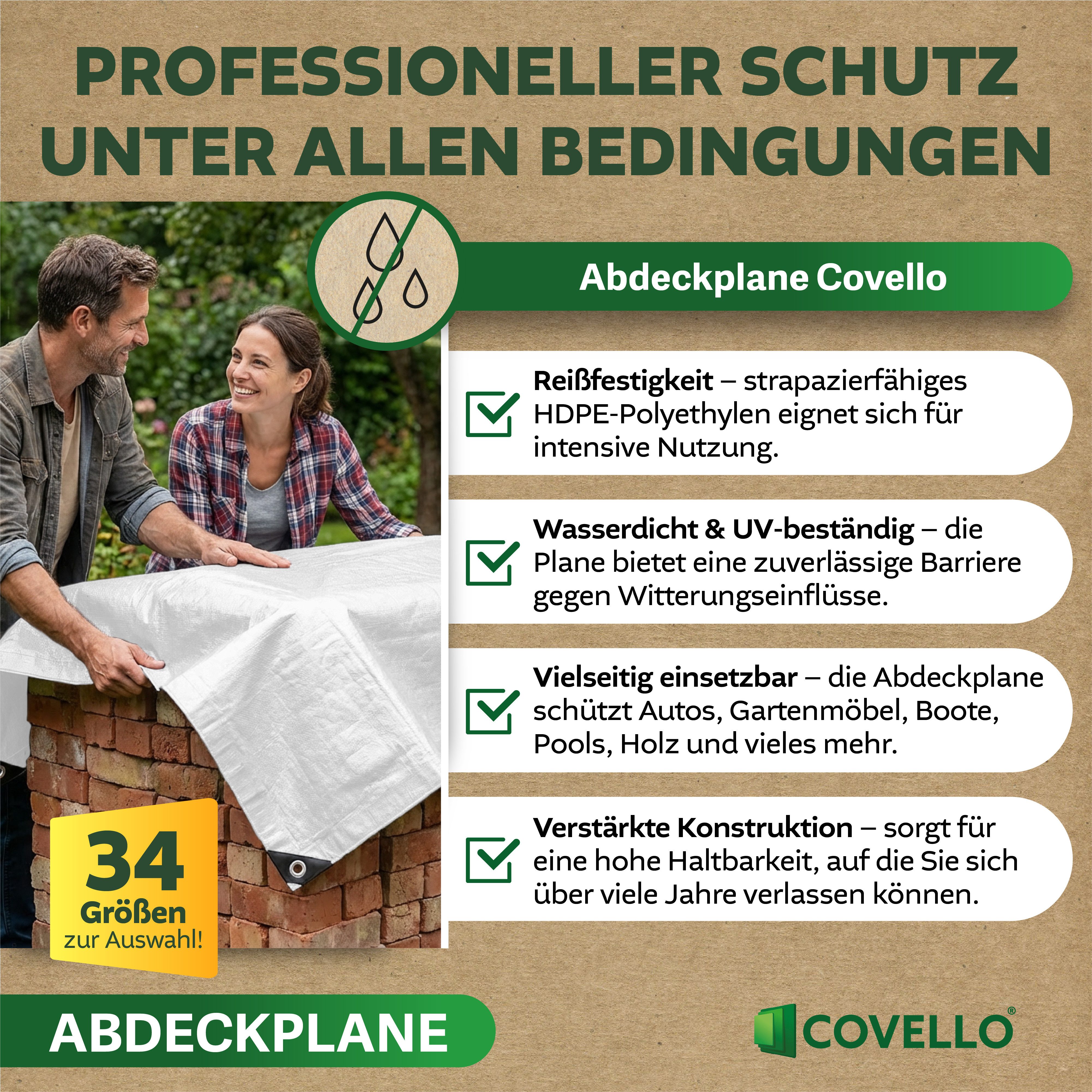 Covello Schutzplane 90g/m² weiß, Abdeckplane mit Ösen wasserdicht, Plane UV-stabilisiert in vielen verschiedenen Farben & Größen