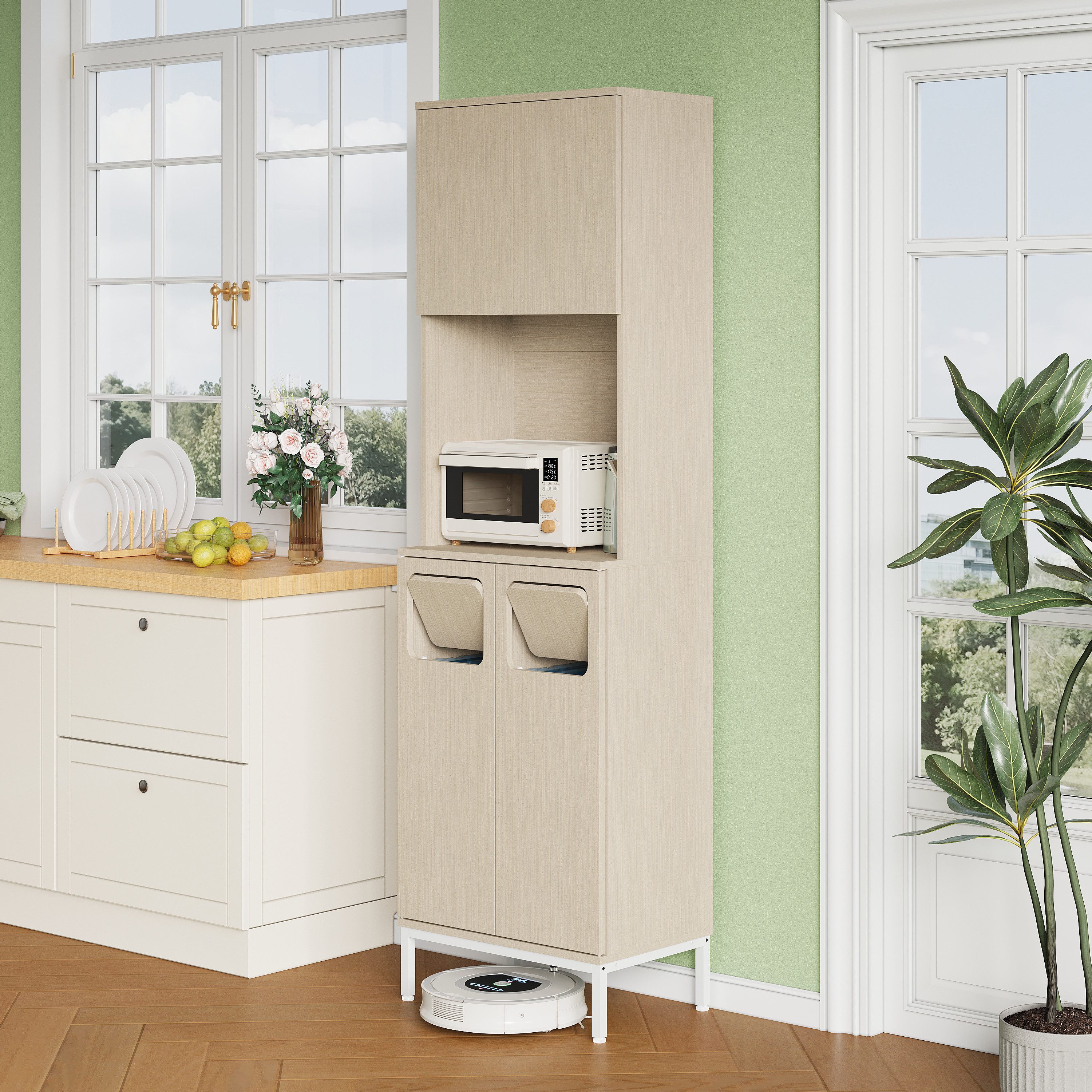 MODFU Küchenbuffet Integriertes Mikrowellenfach & Mülltrennung, verstellbare Böden (Packung, 1-St., 181 cm hoher Müllsammelschrank in Weiß/Holzoptik, 53x35 cm) Vielseitiger Vorratsschrank für Haushaltsgeräte & Abfallsysteme