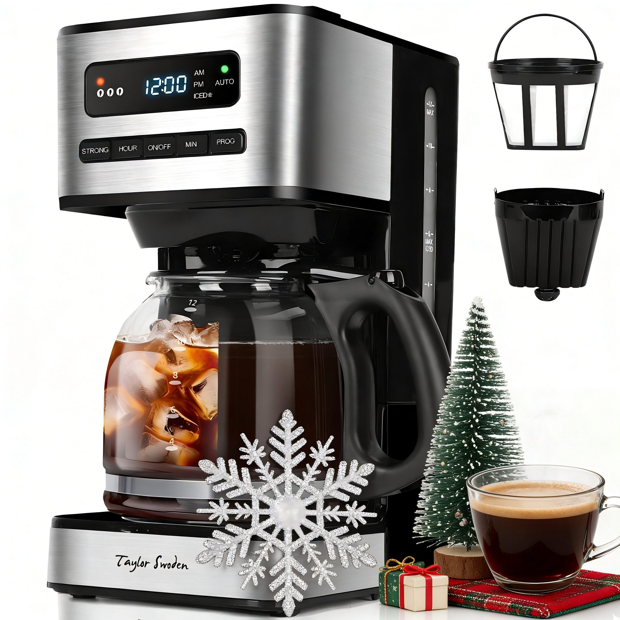 Taylor Swoden Filterkaffeemaschine 1,8L mit 24H Timer, Eiskaffee-Modus, 3-stufige Stärkeauswahl automatische Reinigung, 1.8l Kaffeekanne, Wiederverwendbarem Filter, Eiskaffee-Modus