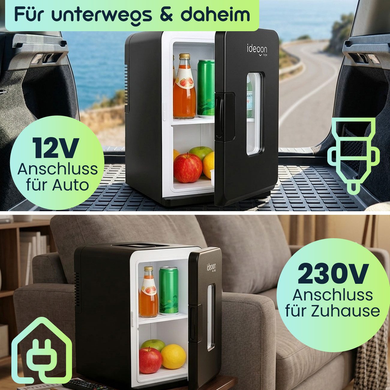 shop'n smile ideoon Kühlbox Mobiler 14L Mini-Kühlschrank (12V/230V) zum Kühlen & Wärmen, Schwarz, Praktischer Einlegeboden, Türablage und grosses Sichtfenster