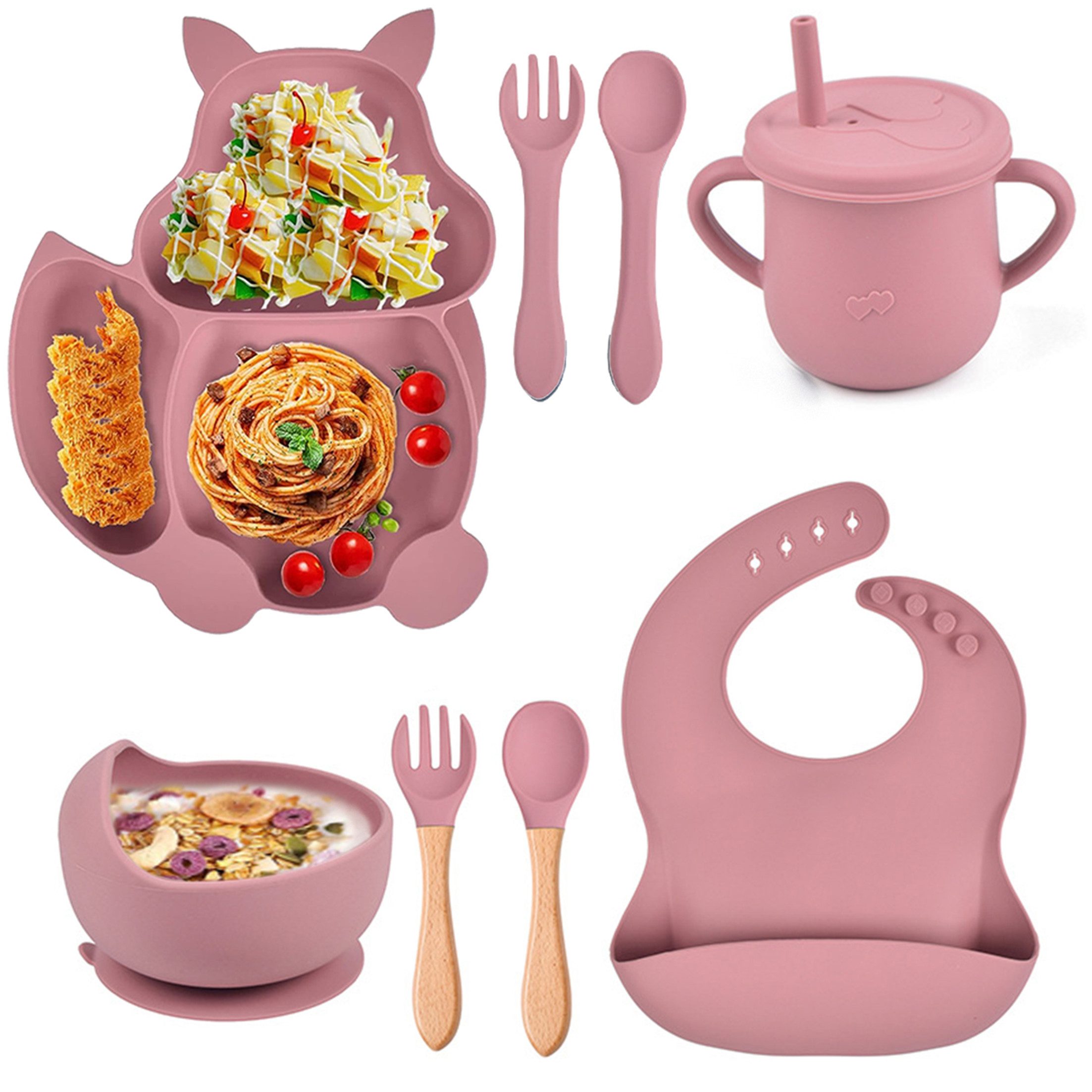 KINSI Kindergeschirr-Set Kindergeschirr-Set 8-teilig, Silikongeschirr, Eichhörnchen-Design, 1 Personen, rutschfestes, Löffel-, Gabel-, Schüssel-, Teller- und Besteckset