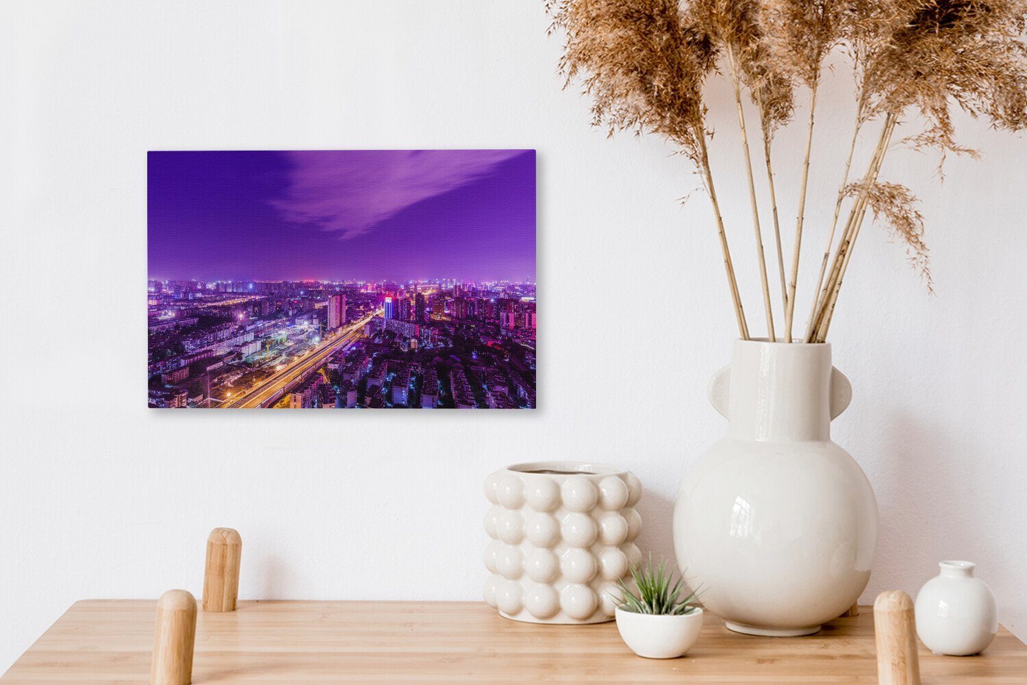 OneMillionCanvasses® von Wandbild Violette Leinwandbilder, (1 Aufhängefertig, Wuhan, cm 30x20 St), Leinwandbild Nachtszene Wanddeko,