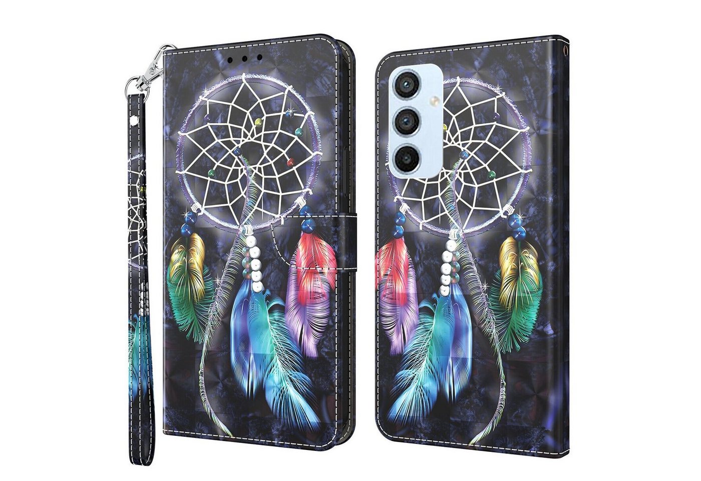 CLM-Tech Handytasche Hülle für Samsung Galaxy A54 5G Tasche aus Kunstleder Klapphülle (Traumfänger schwarz bunt, Handyhülle Wallet Flip Case Cover Etui), Standfunktion, Kartenfächer, Magnetverschluss