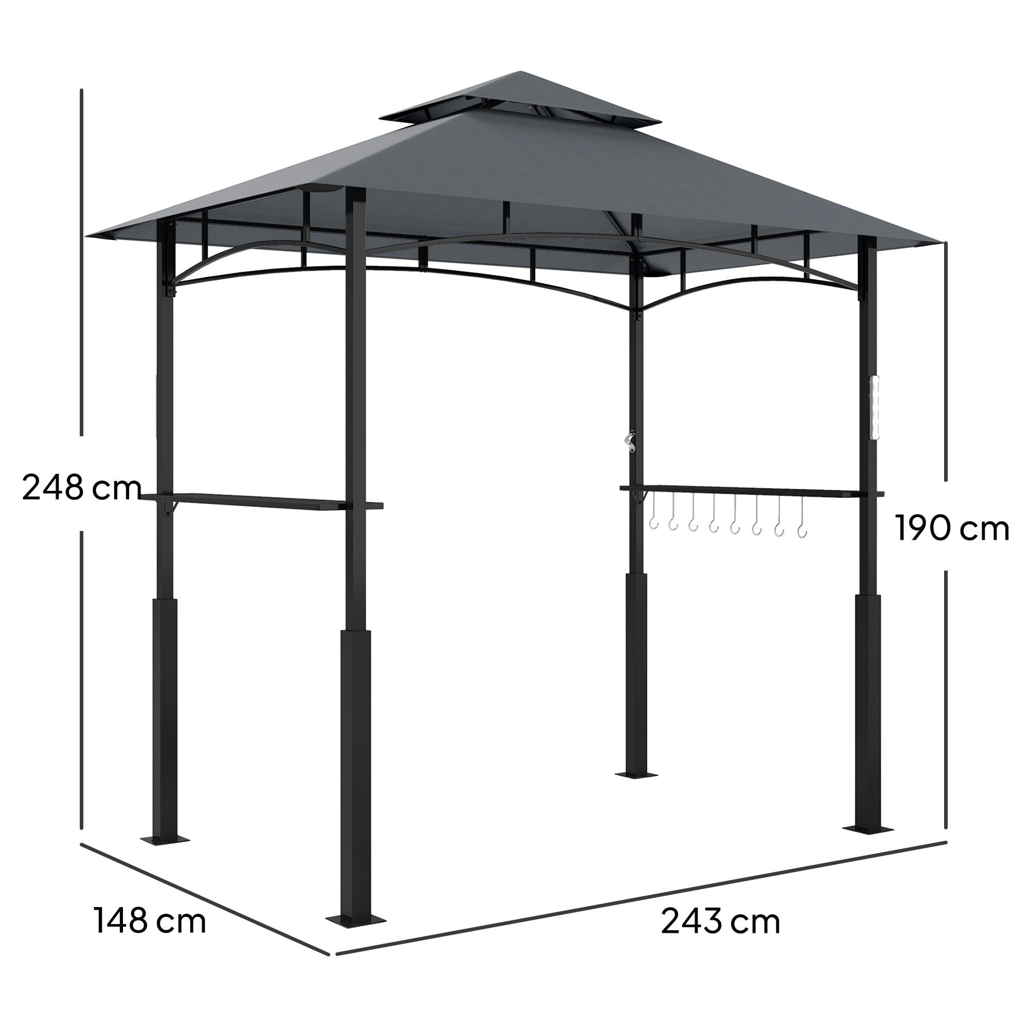 Outsunny Grillpavillon wasserdicht flammhemmend, mit Doppeldach,Seitenregalen, mit 0 Seitenteilen, (Gartenpavillon mit LED, Gartenlauben), mit UV-Schutz, aus Metall, 243 x 148 x 248 cm, für Party, BBQ, Grau