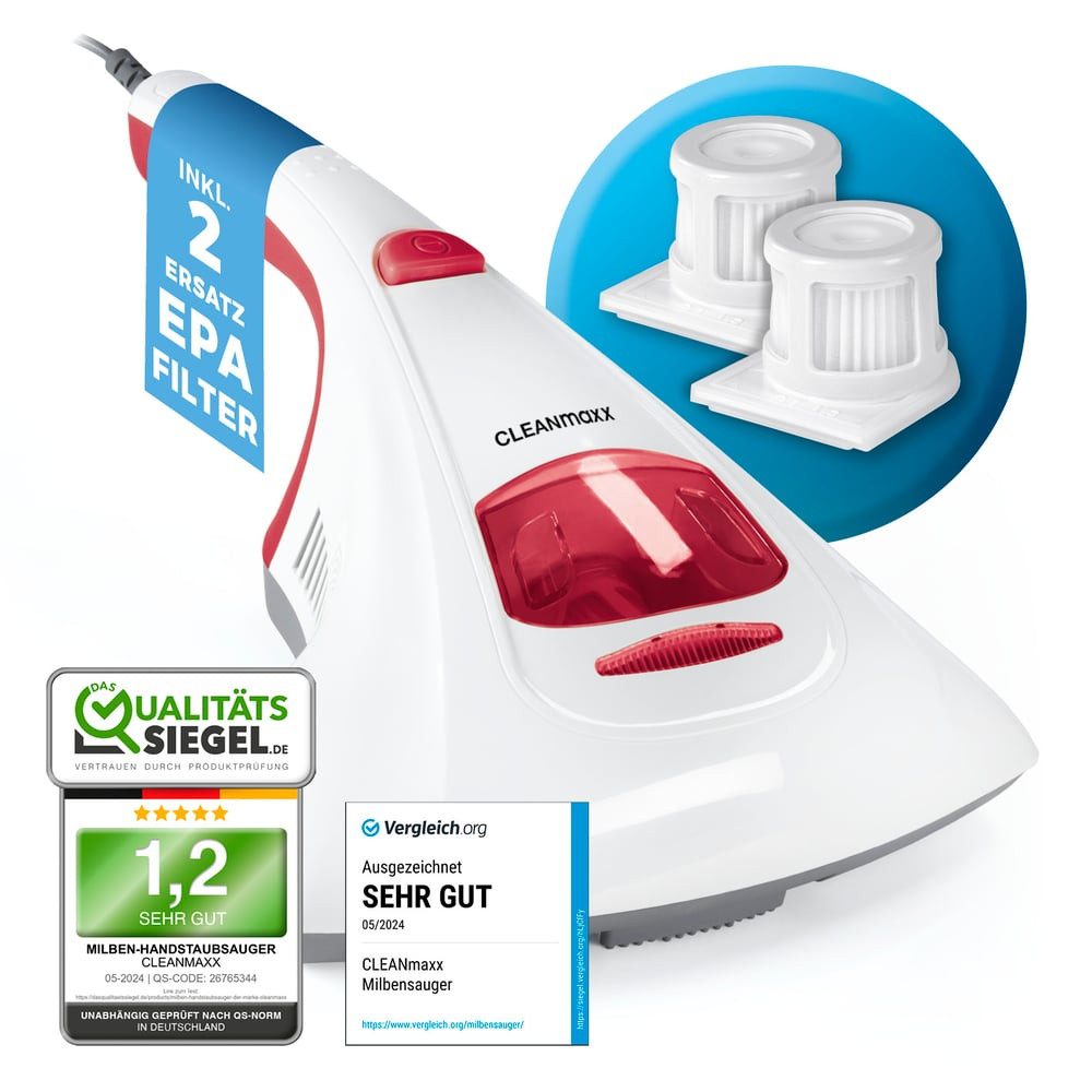 CLEANmaxx Matratzenreinigungsgerät Milbensauger Vibration, 300 W, beutellos, Effektive Allergenbekämpfung durch UV-C-Licht und Feinstaubfilter