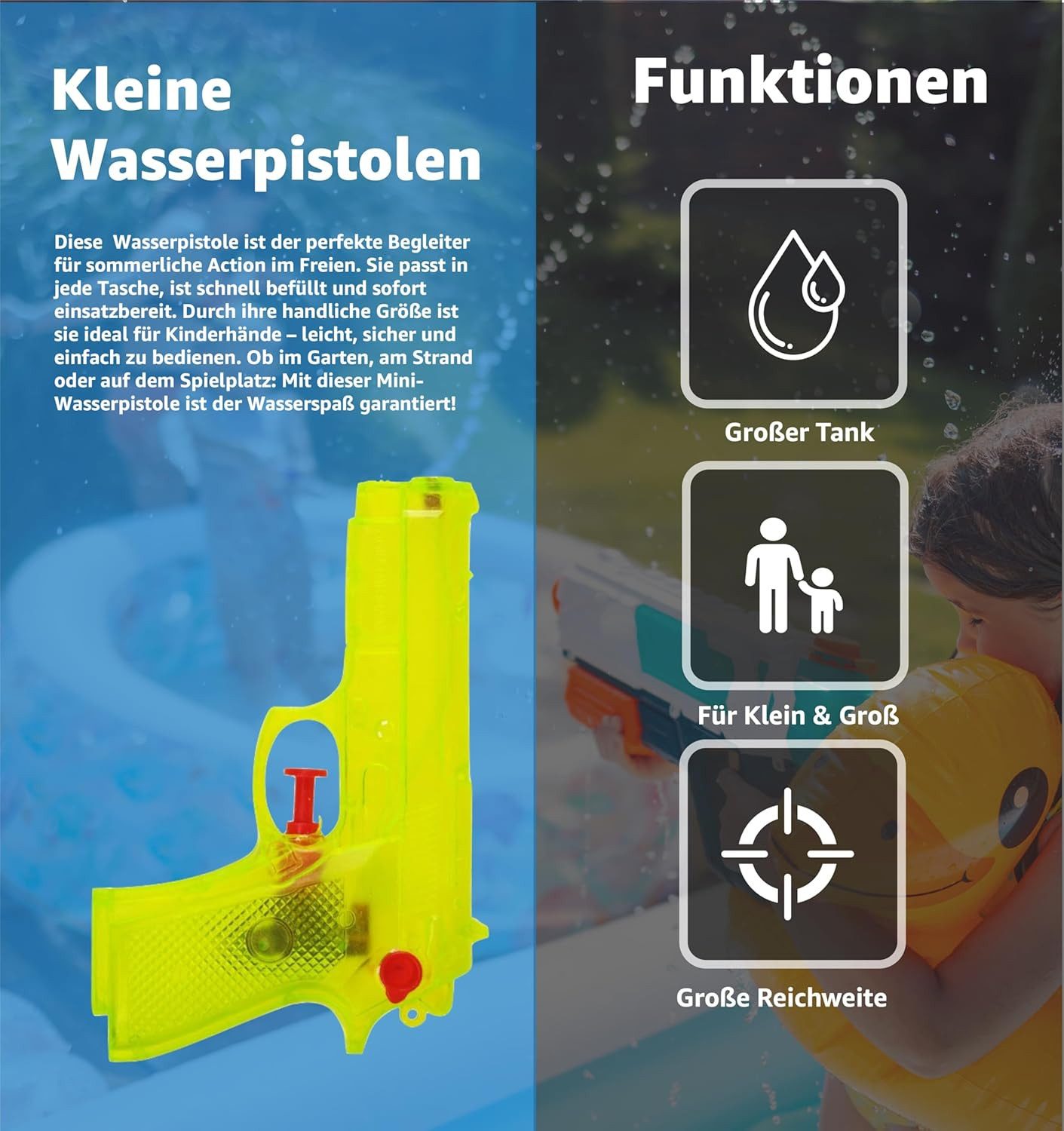 Athlejoy Wasserpistole 3X Wasserpistolen 12 cm bunt Set - Extra großer Reichweite (3er Set, 3-tlg., 3x Wasserpistolen), große Reichweite