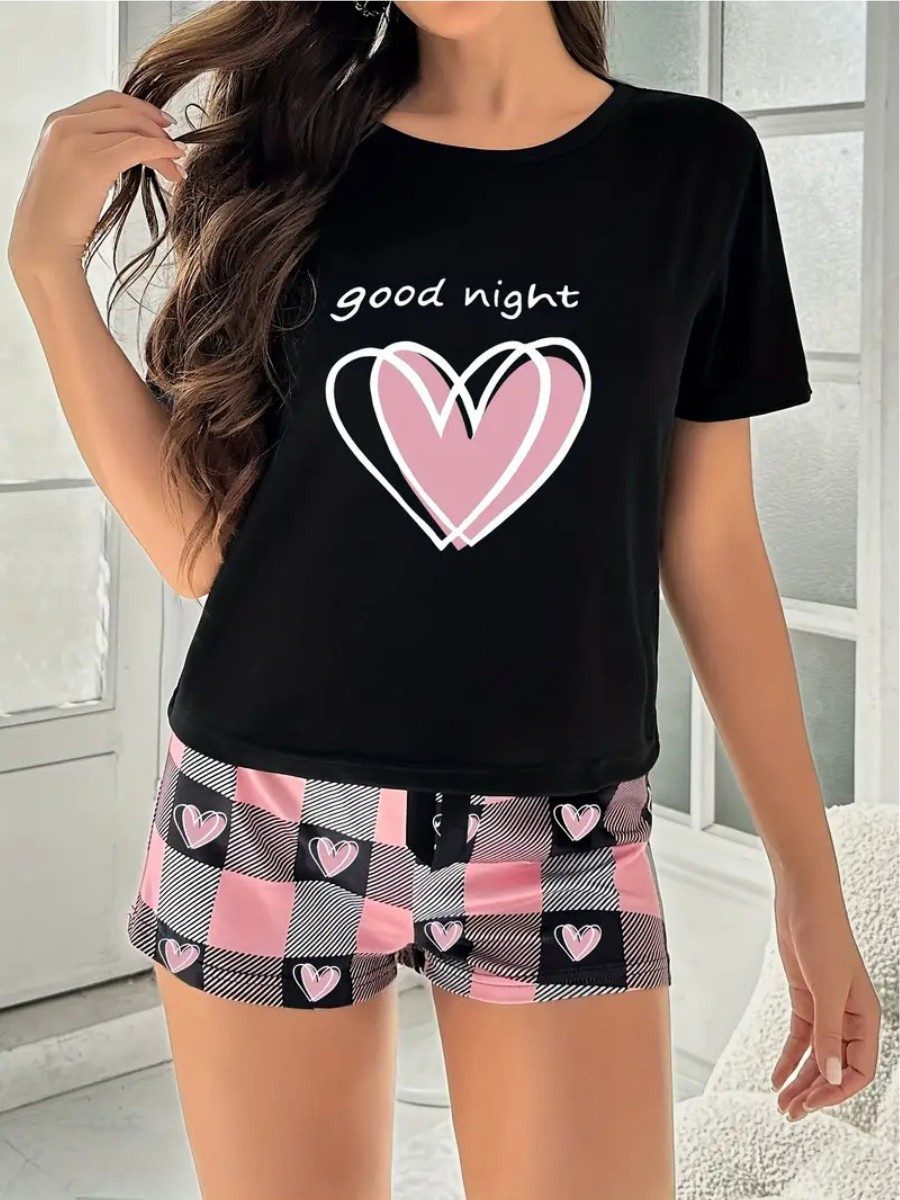 Elegant Love Shorty Eleganter Damen-Schlafanzug – Pyjama-Set & Loungewear (Set, 2 tlg., Kurzarm-T-Shirt und Shorts) Bequemes Homewear-Set – Nachtwäsche mit Herzdesign und Karooptik