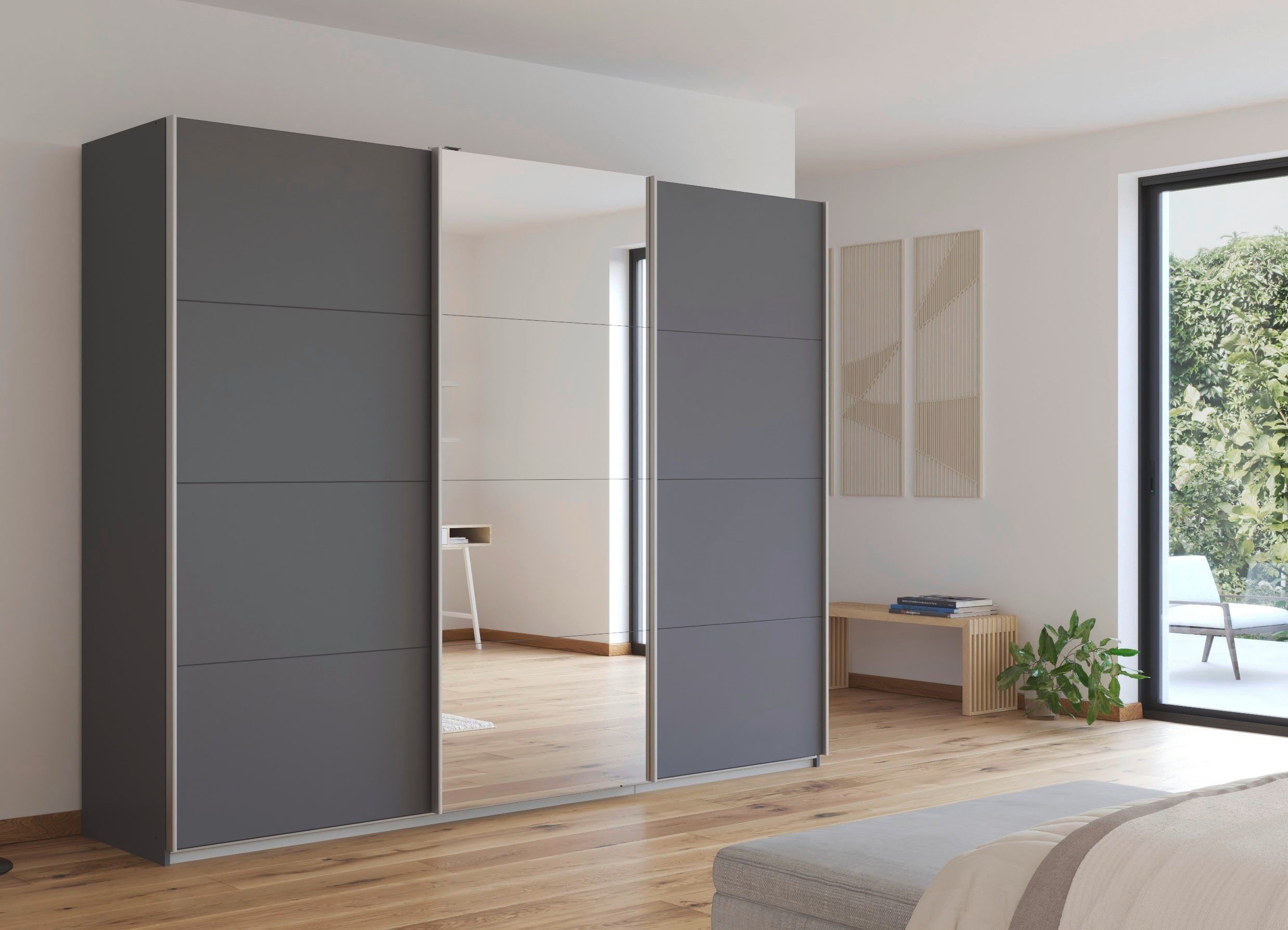 rauch Schwebetürenschrank Kleiderschrank Schrank Garderobe Wäscheschrank Ankleide KULMBACH (Breite 271 cm) in 2 Höhen erhältlich, mit Metallgriffleisten MADE IN GERMANY