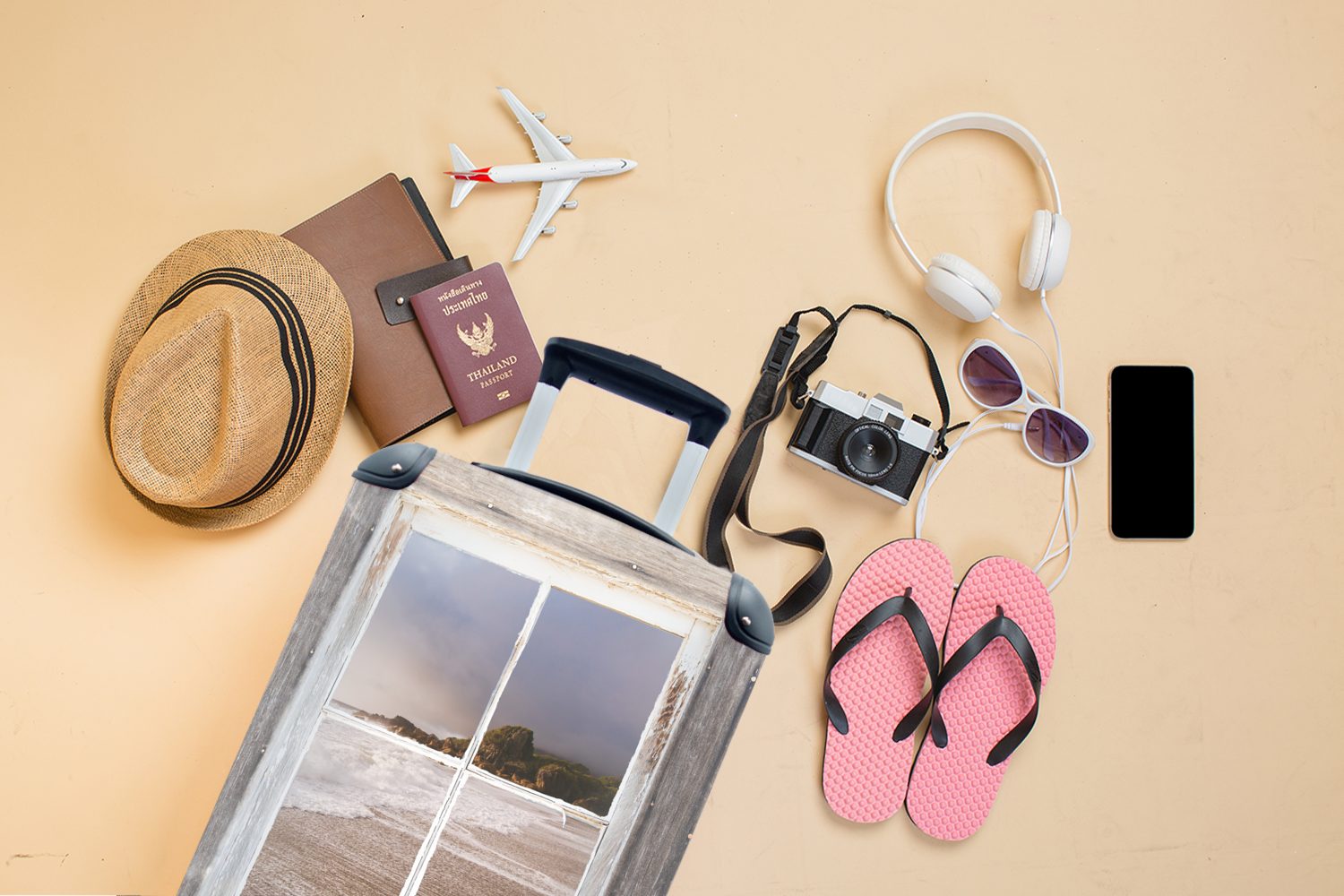 für Durchblick Strand, Ferien, Reisetasche Trolley, - Reisekoffer 4 MuchoWow Holz mit - Handgepäckkoffer Rollen, Handgepäck rollen,