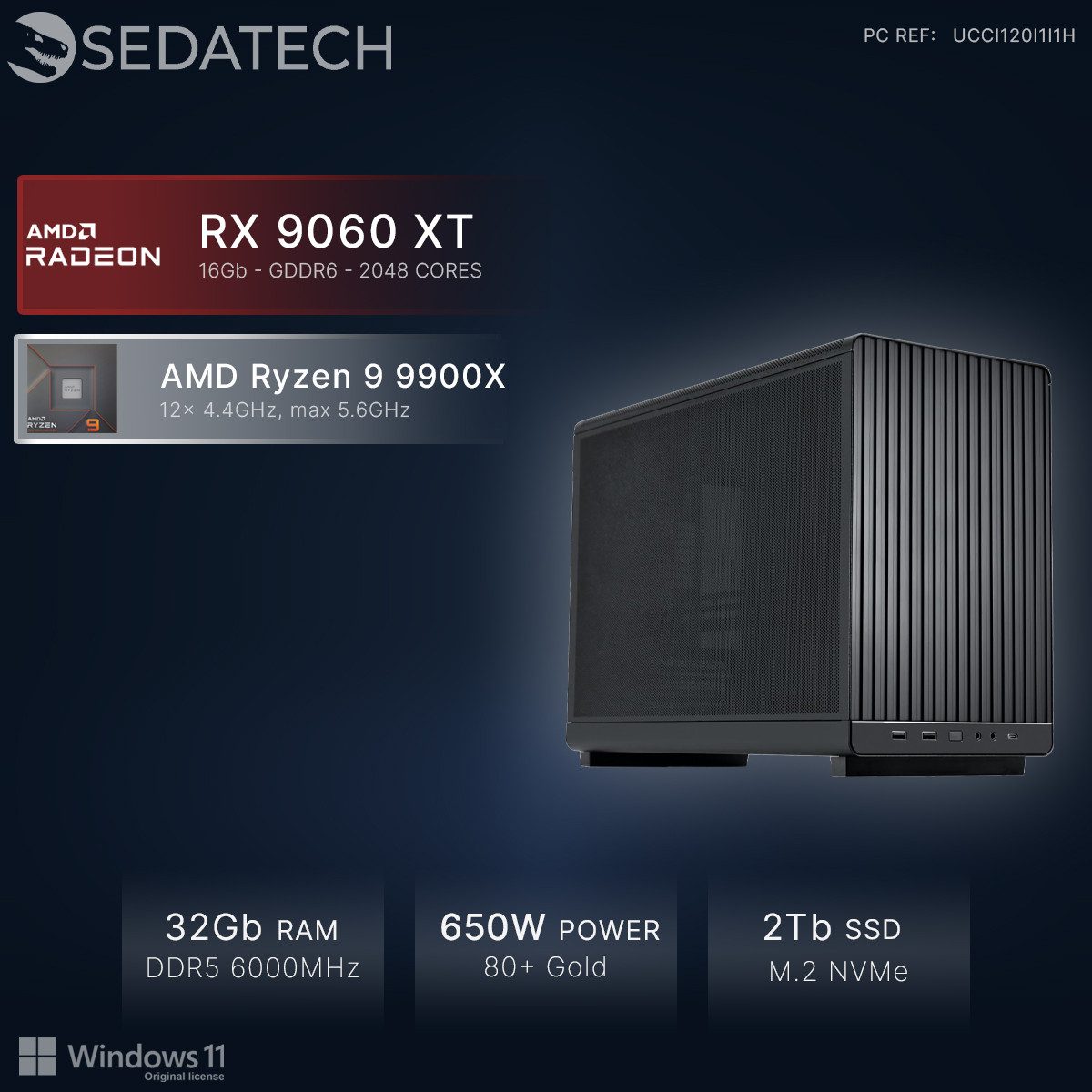 Sedatech UCCI120I1I1HF - Watercooling Gaming Gaming-PC (AMD Ryzen 9 9900X 12x 4.4GHz (max 5.6GHz), Radeon RX 9060 XT 16GB, 32 GB RAM, 2000 GB SSD, Watercooling, Wlan 6E)