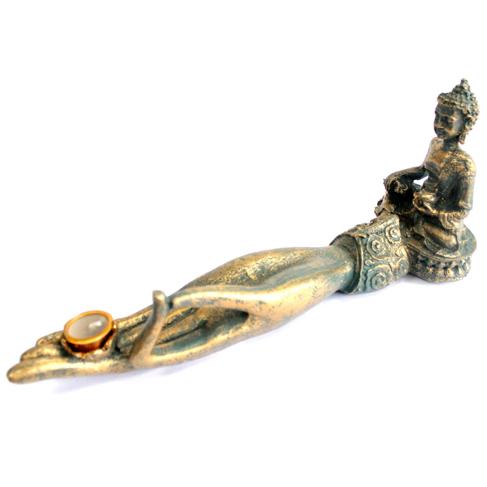 Bali-Homedecor Räucherstäbchen-Halter Antikes Buddha Räuchergefäß "Hand", messingfarben, 25cm