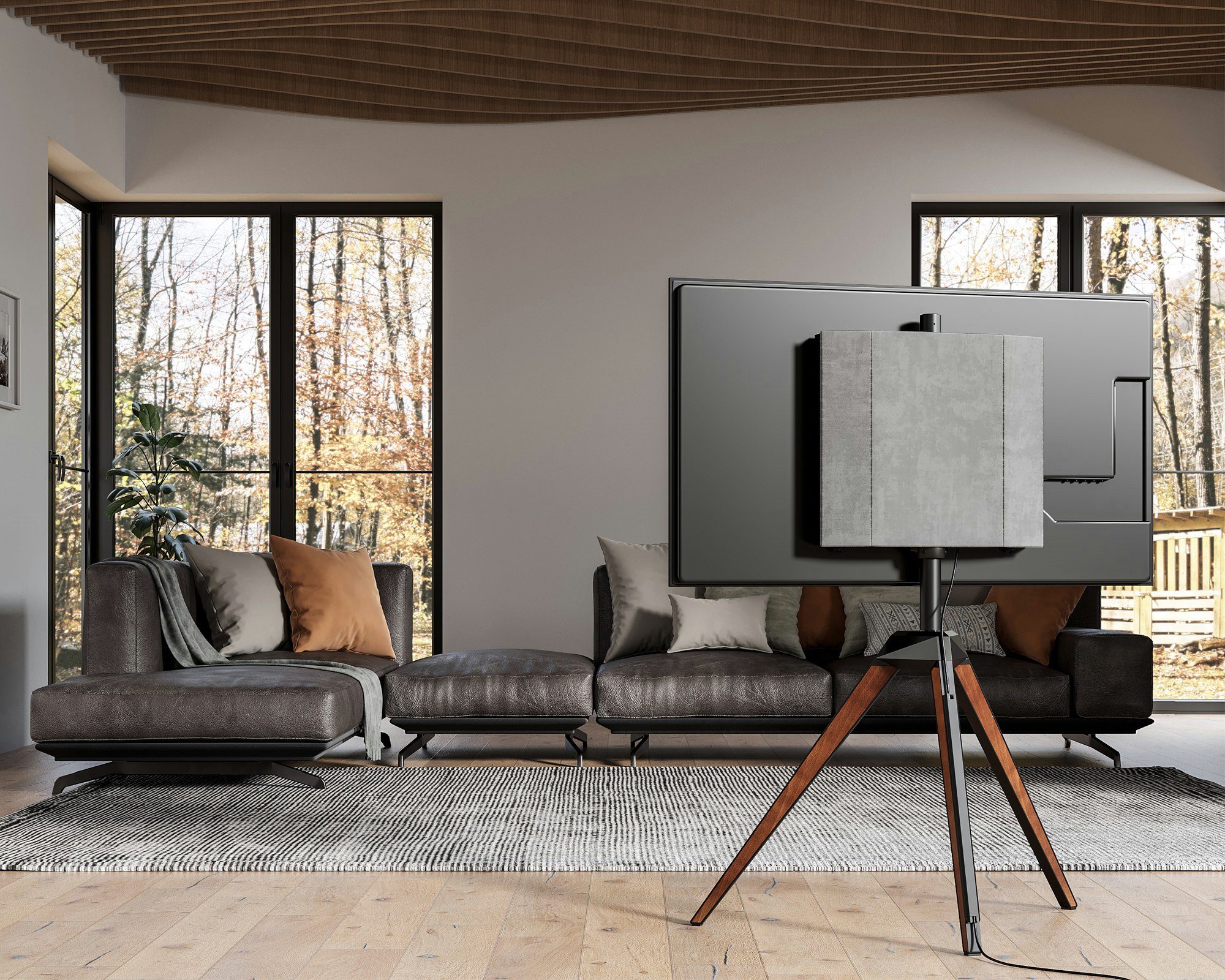 FITUEYES TV-Ständer höhenverstellbare TV-Halterung, 32-65 Zoll, (bis 65,00 Zoll, Staffelei Design, aus Buchenholz, ±20° schwenkbar, mit Magnetverschluss)