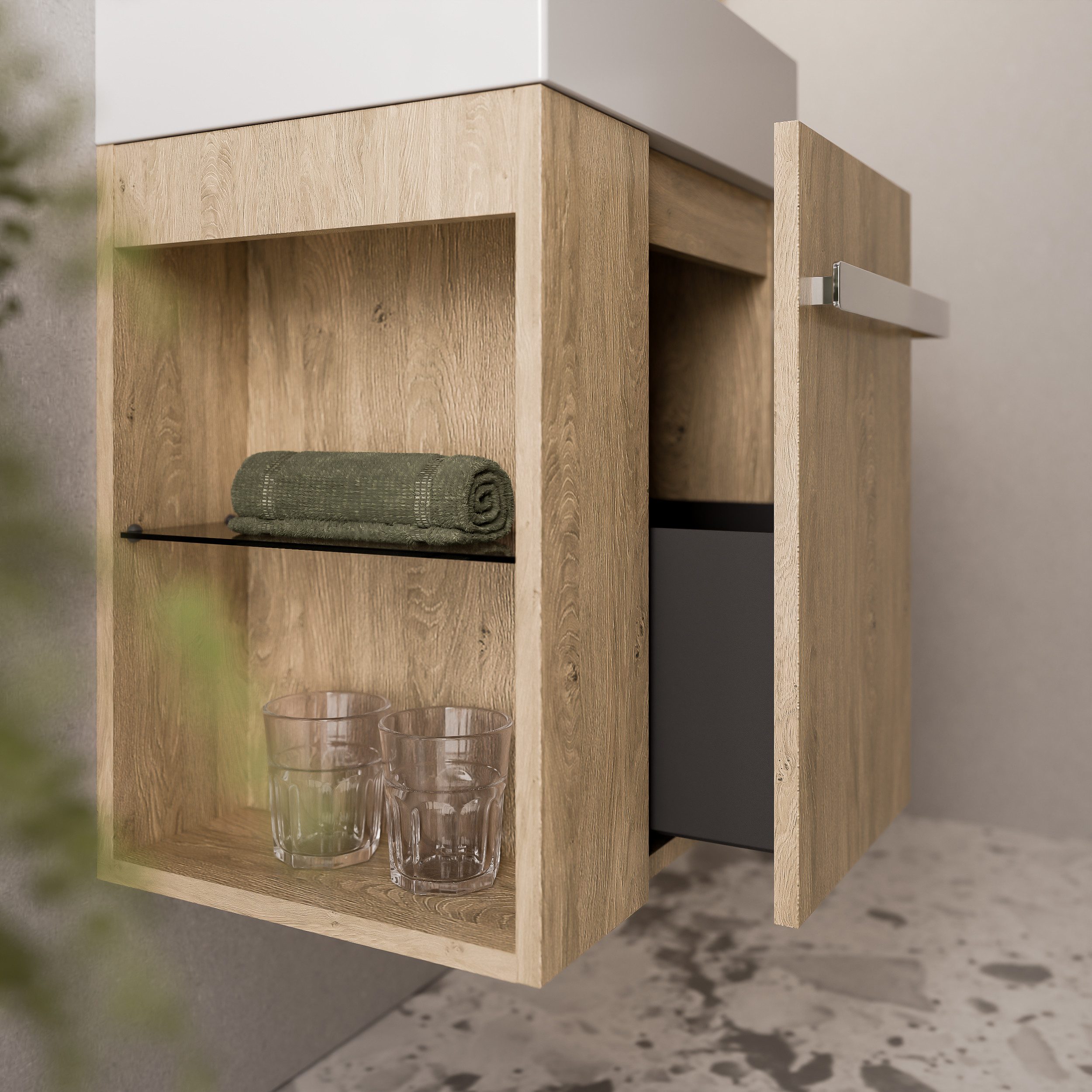 Bernstein Waschbeckenunterschrank COMPACT 450 Eiche honiggold REGAL rechts GRIFF Chrom Waschtischunterschrank mit Waschbecken 1 Schublade & Regal