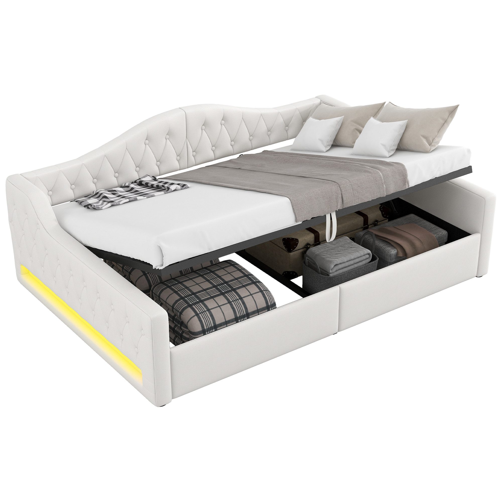 SOFTWEARY Schlafsofa mit Bettfunktion, 140x200 cm, Polsterbett mit LED-Beleuchtung, Lattenrost und Stauraum, Doppelbett, Stauraumbett, Leinen