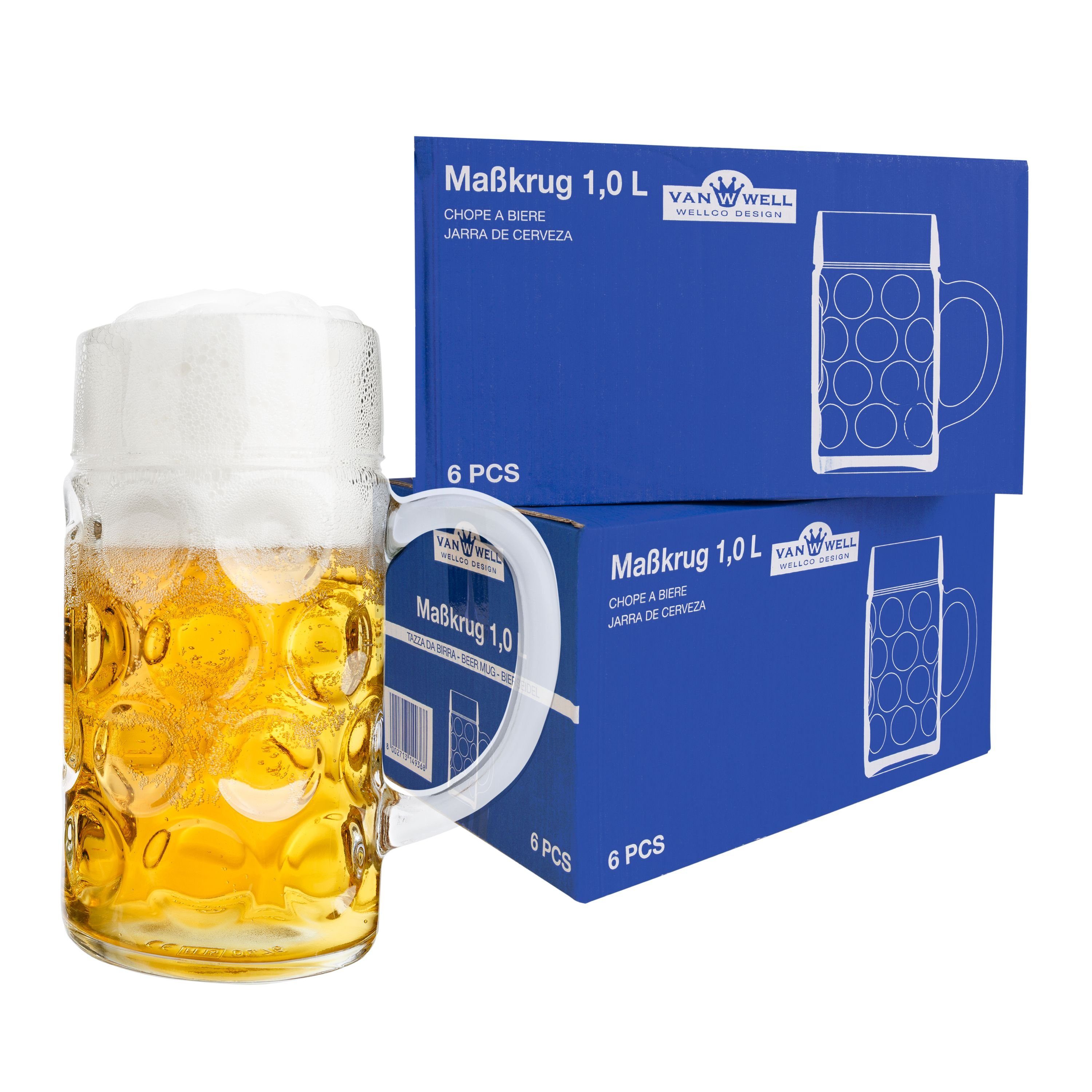 van Well Bierglas 12er Set Maßkrug "Wellco" - 1 Liter Bierkrug aus Glas -  geeicht