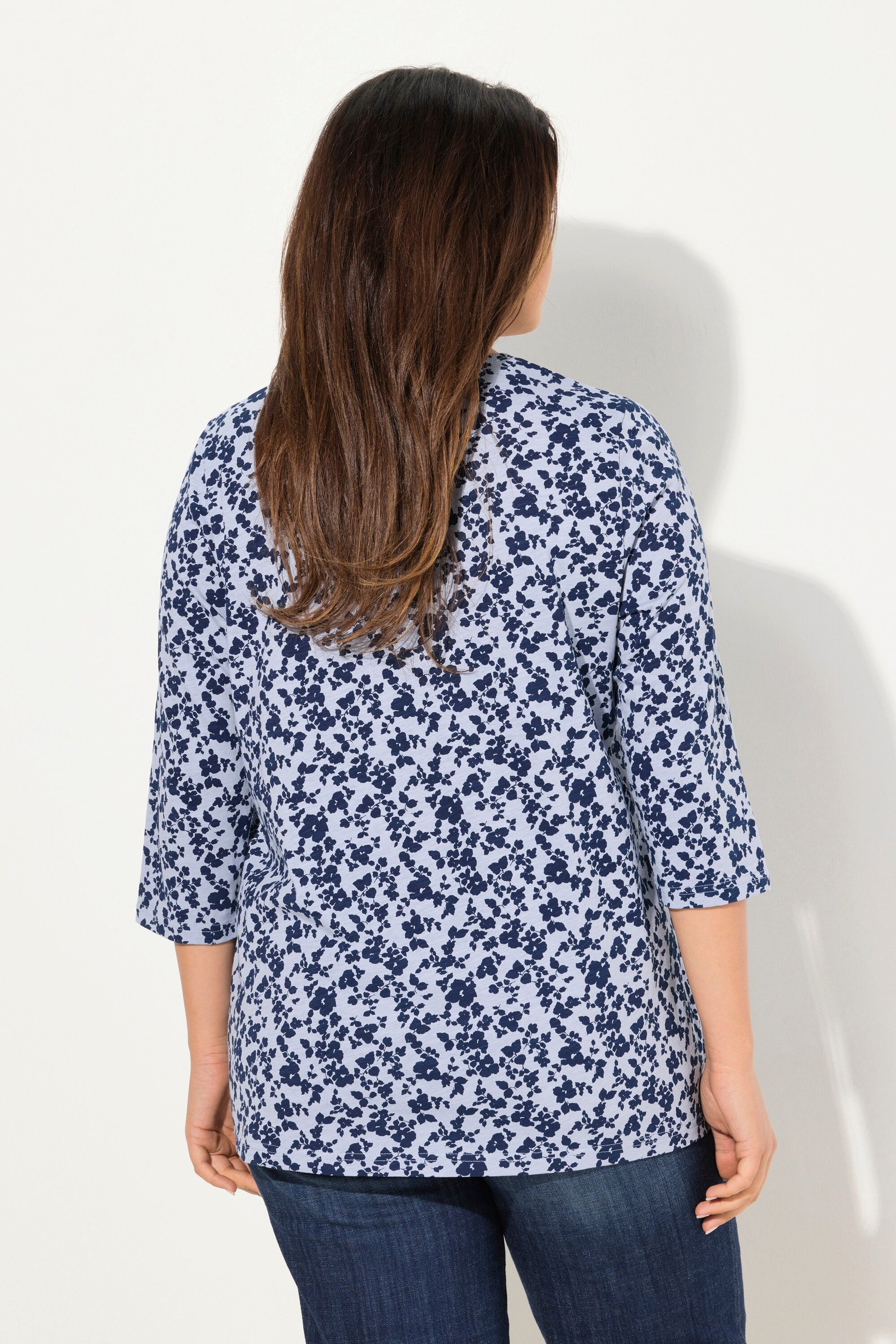 Ulla Popken T-Shirt T-Shirt A-Linie V-Ausschnitt Zierfalten 3/4-Arm