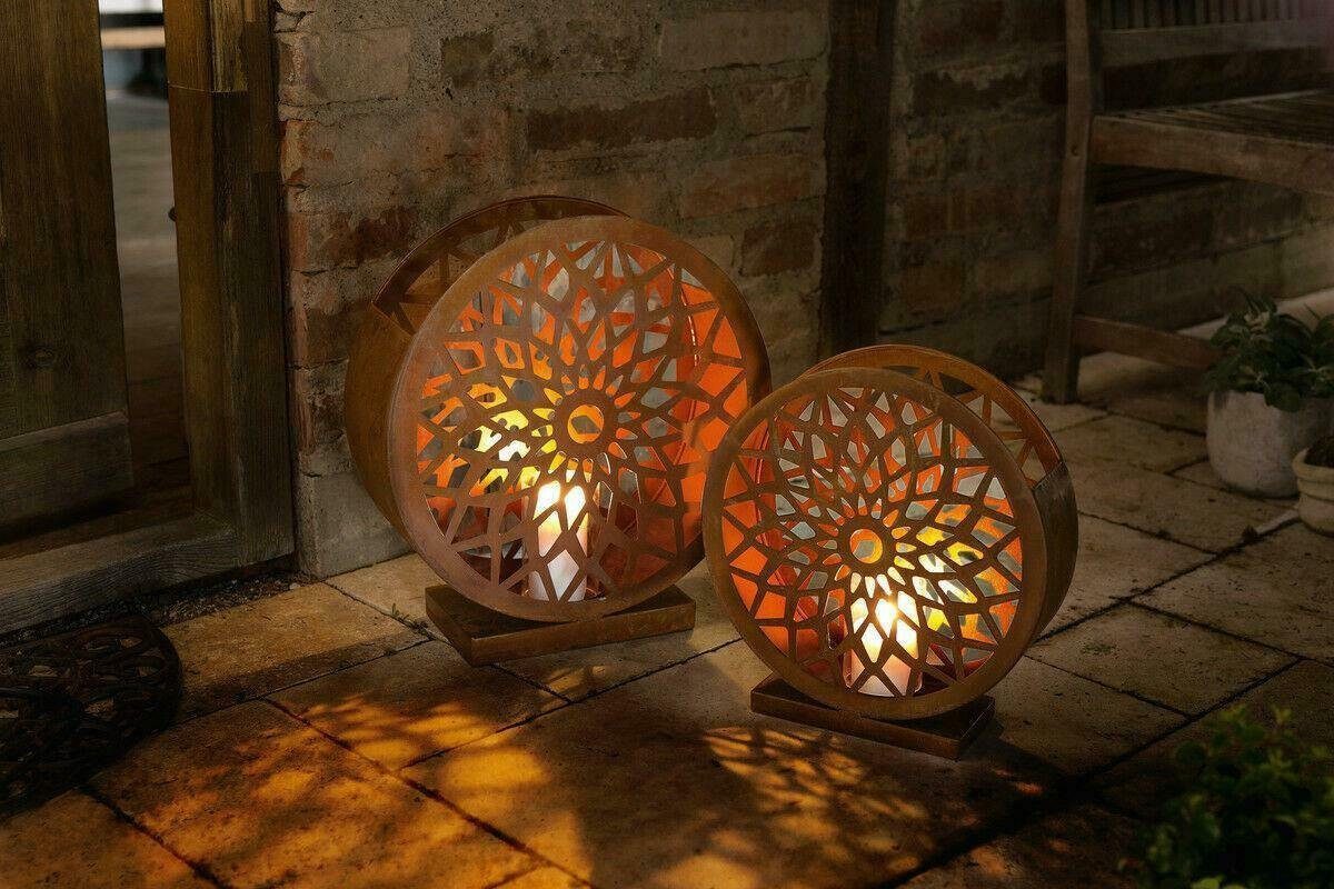 Home-trends24.de Bodenwindlicht Windlicht Orient rund 2 x Kerzenhalter Laterne Rostoptik Garten