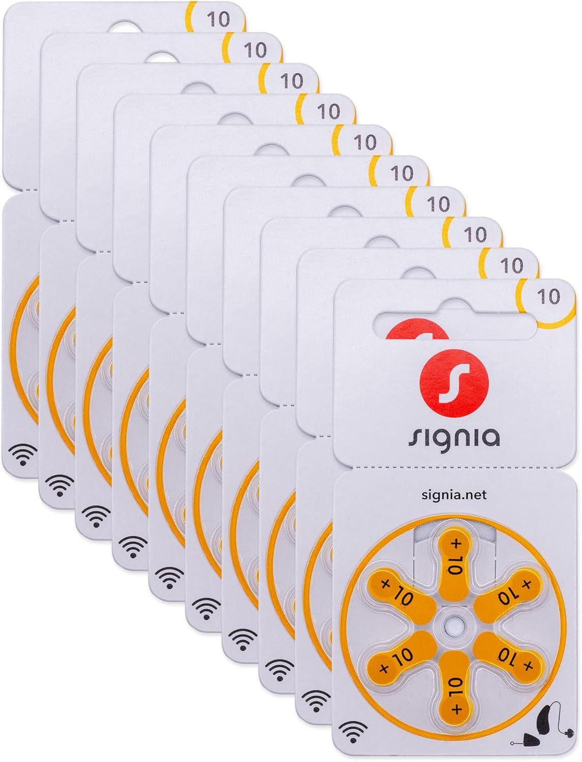 Signia Signia Hörgeräte Batterien 10 gelb - 60x + GRATIS Reinigungstuch Batterie, (60 St), 1,4V / 1,45V bis zu 10 Jahre lagerfähig ohne Leistungsverlust.