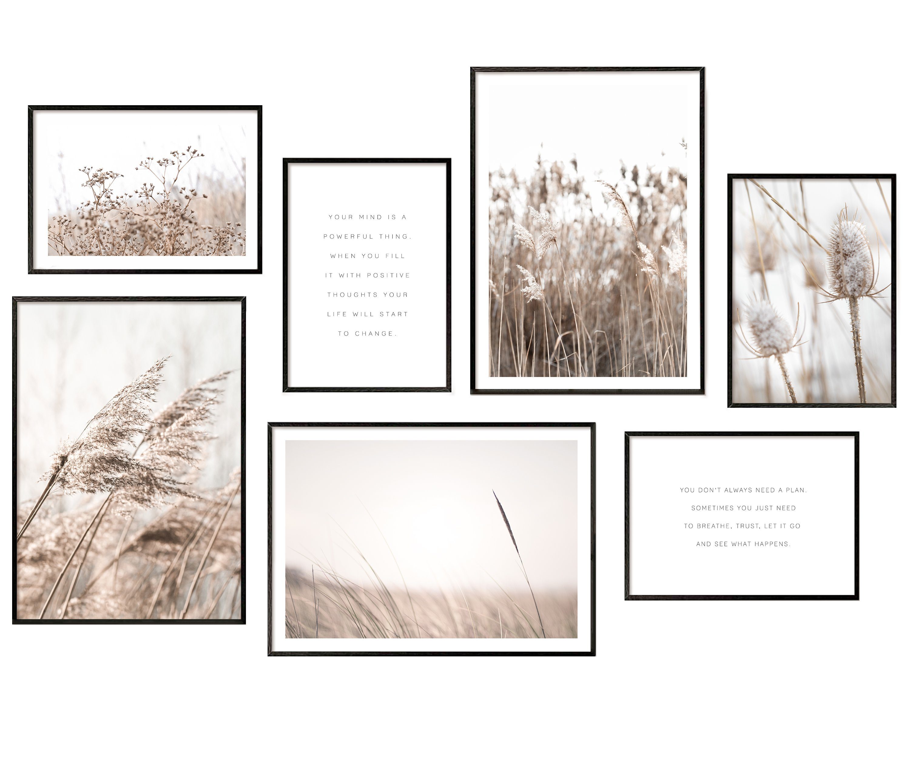 Hyggelig Home Poster Gräser - Premium Poster Set OHNE & MIT Rahmen - 7 Wandbilder beige, Pflanze (Set, 7 St), Collage Motivation, Qualitätsdruck dickes Papier