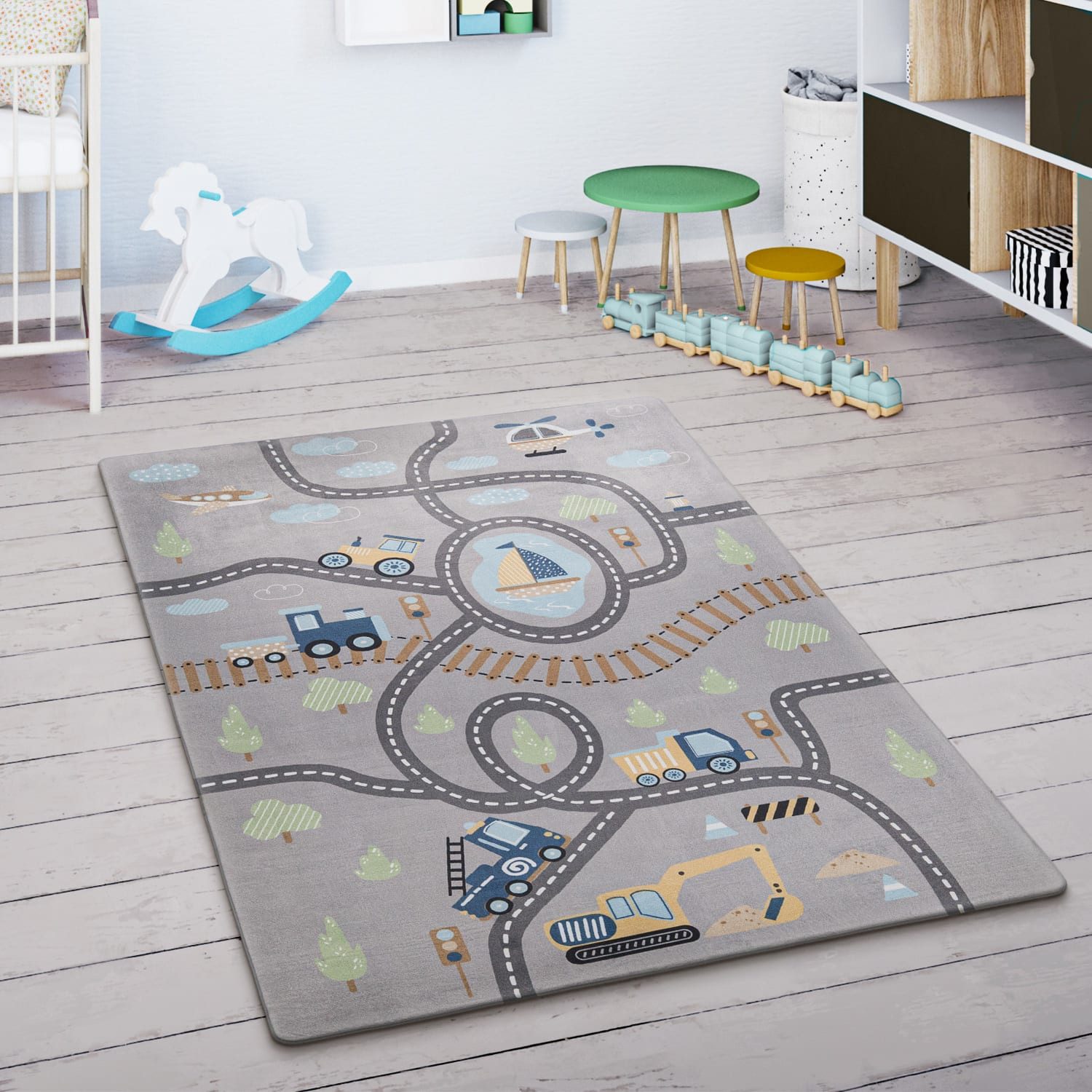 KADIMA DESIGN Kinderteppich waschmaschinenwaschbar Straße Kinderzimmer Kinderteppich, Rechteckig, Höhe: 4 mm, 100% Polyester, Rücken aus Felt + Dots, Rechteckig, 155x230cm, Grau