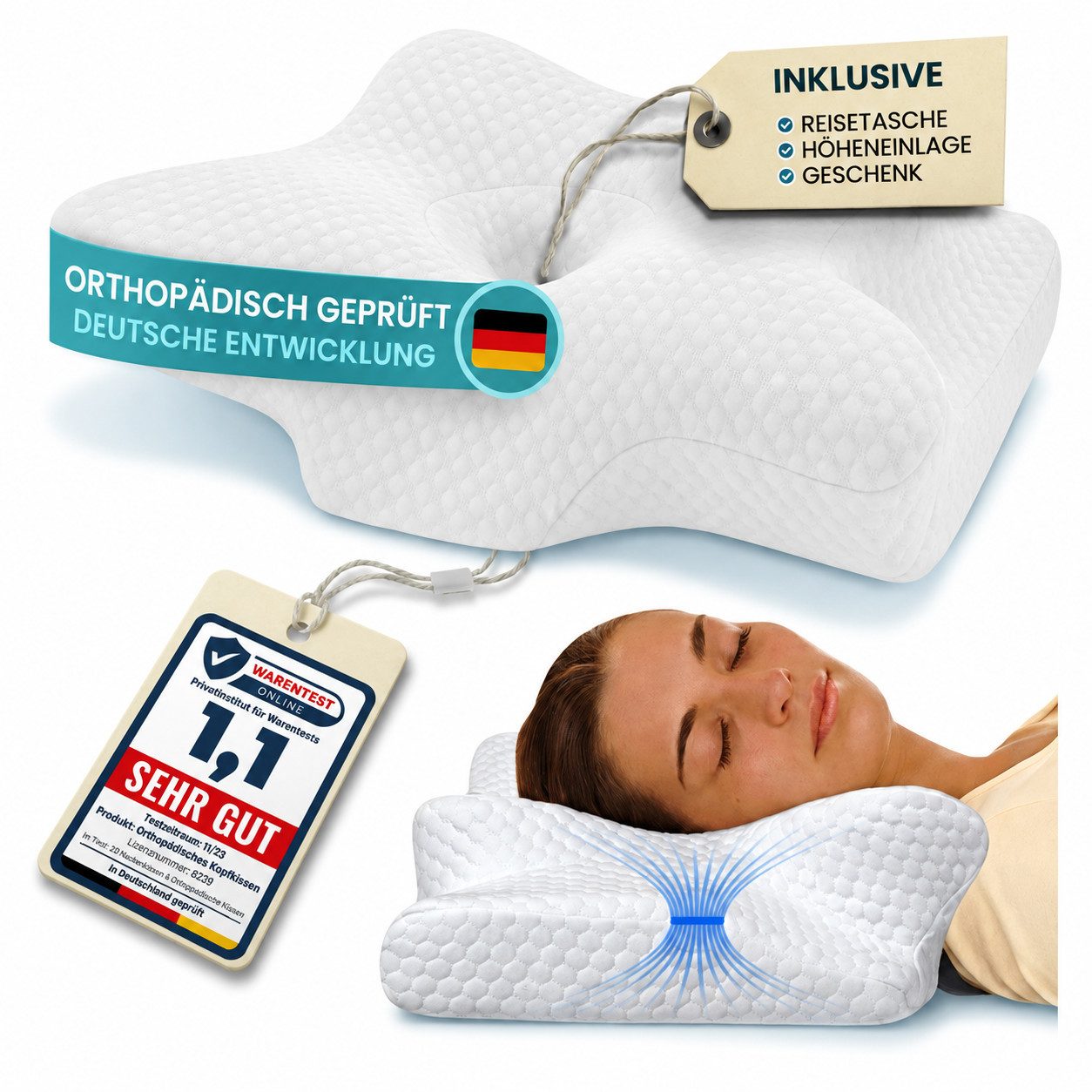 fitkissen Nackenstützkissen 4D, Füllung: Rebound Memory Foam, Bezug: Bambusfaser, Seitenschläfer, Bauchschläfer, Rückenschläfer, Set, 3-tlg., höhenverstellbar