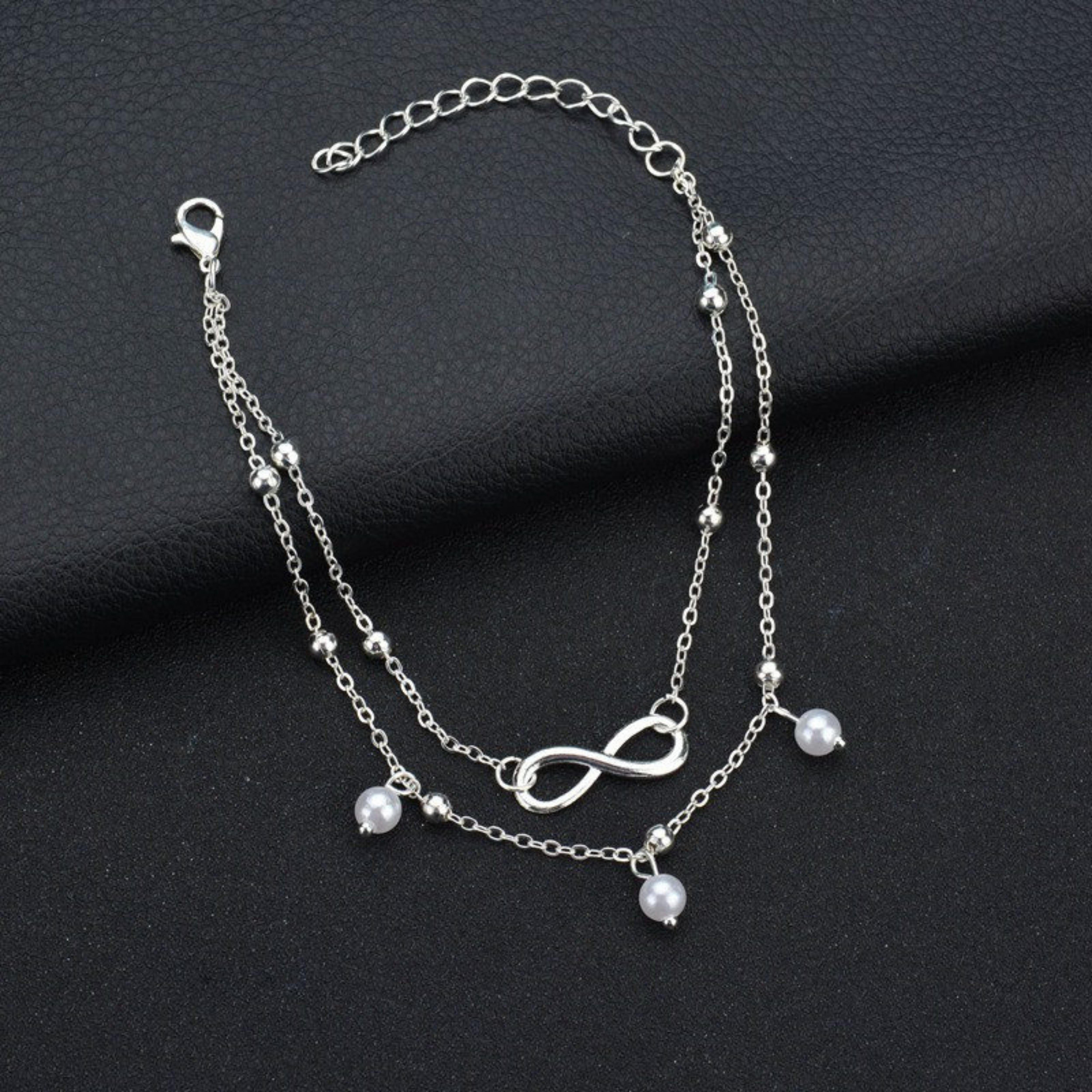 mit Unendlichkeit Fußkette cm) Damen (19 24 Anhänger Felino Fußkette Infinity Weiße - Silber Längenverstellbar Fusskette, Perlen