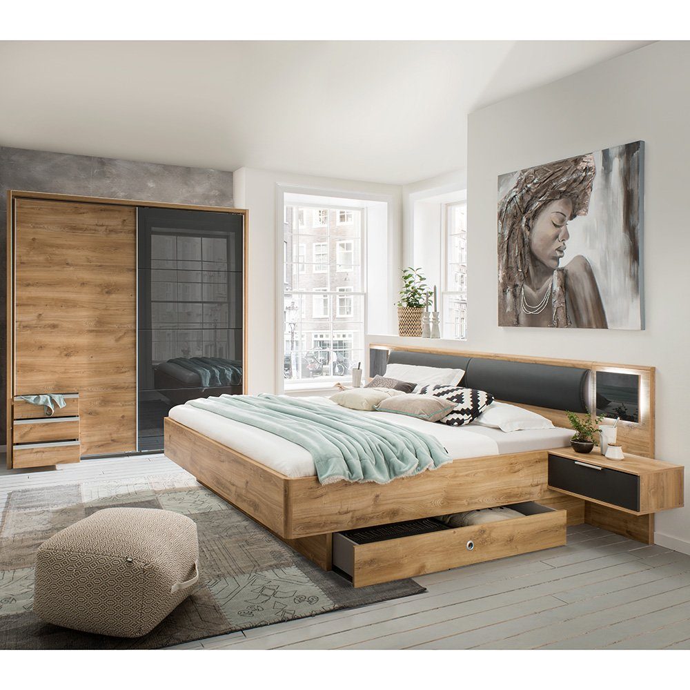Lomadox Schlafzimmer-Set VIESTE-43, (Spar-Set, 4-tlg), mit Bett 180x200, graphit mit Eiche