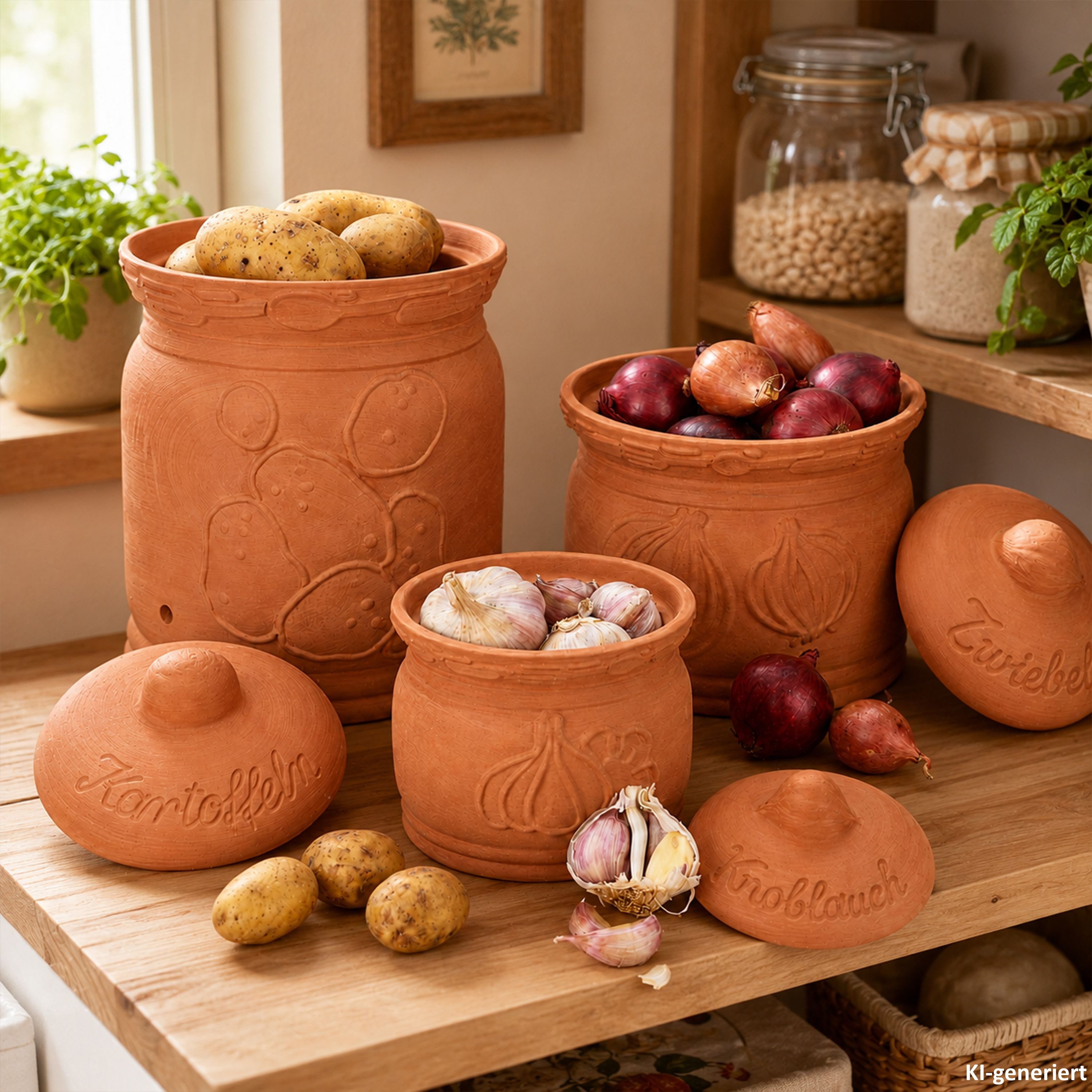 MamboCat Vorratsglas 3er Set Terra Tontöpfe Deckel Terrakotta Kartoffel Zwiebel Knoblauch, Terracotta