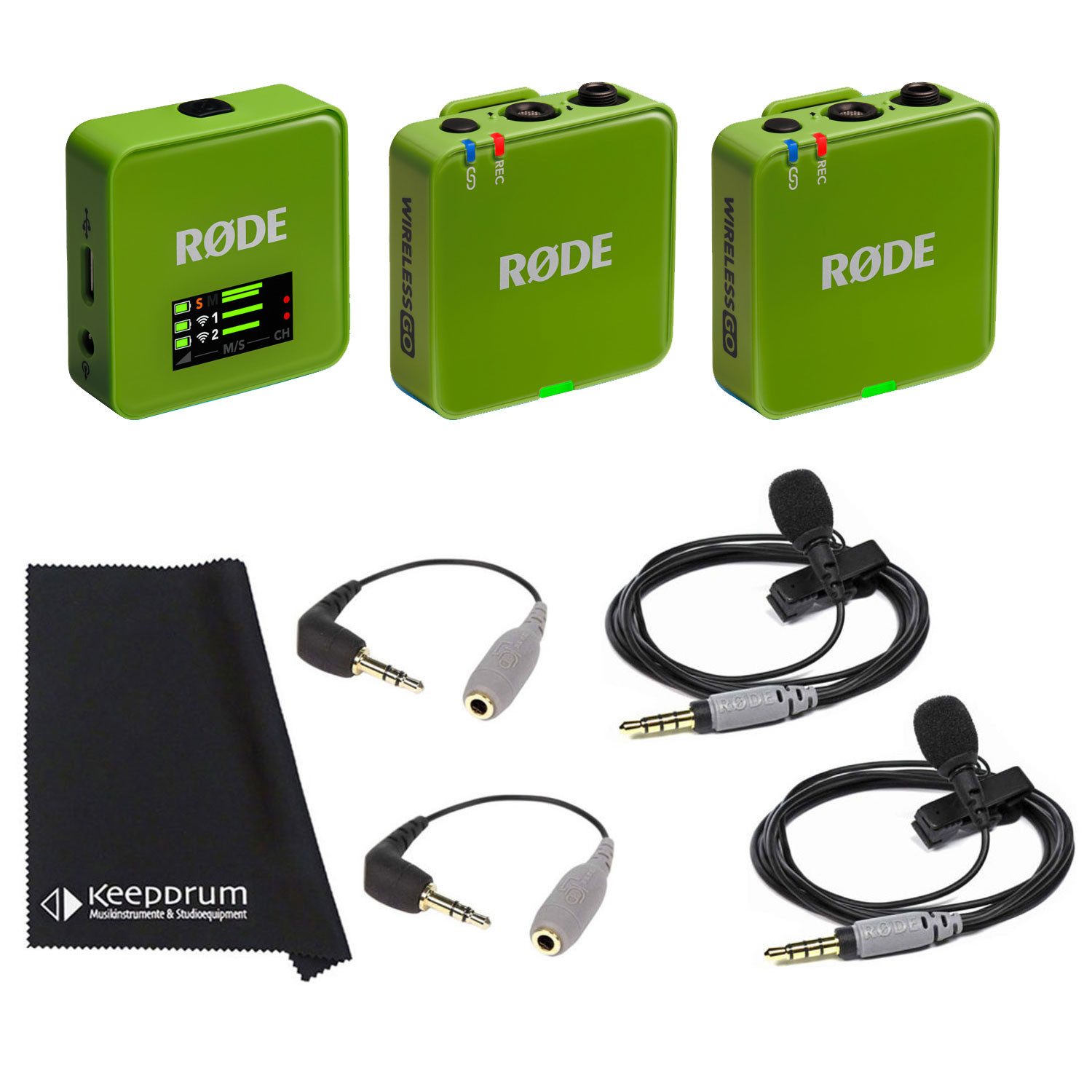 Rode Wireless GO Gen 3 Grün mit 2x Smartlav und 2x SC3 Digitales Aufnahmegerät