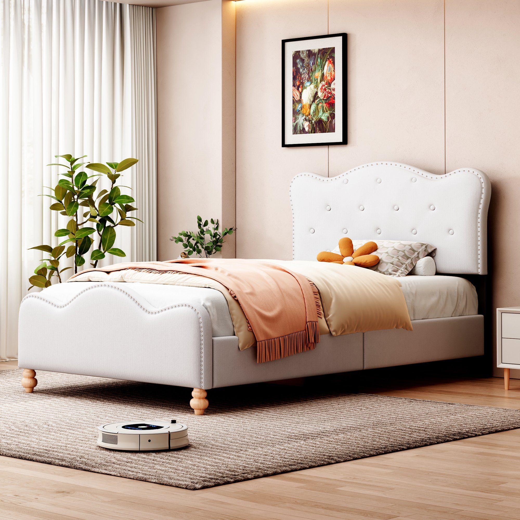 Polsterbett (Kinderbett), Einzelbett mit Polsterkopfteil und Lattenrost, 90x200cm, Leinen