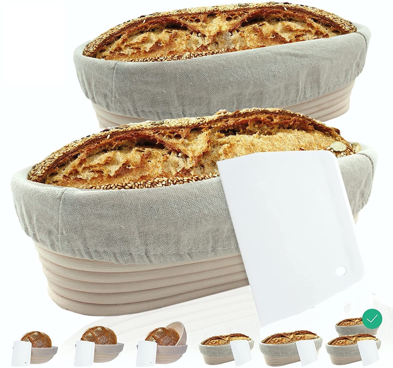 riijk Gärkorb Gärkorb Set inkl. Gratis Teigschaber, (Gärkorb Set oval: 28+35cm, plus Leinentücher und Teigschaber), Gärkorb 2er Set + Teigschaber und Leinentücher