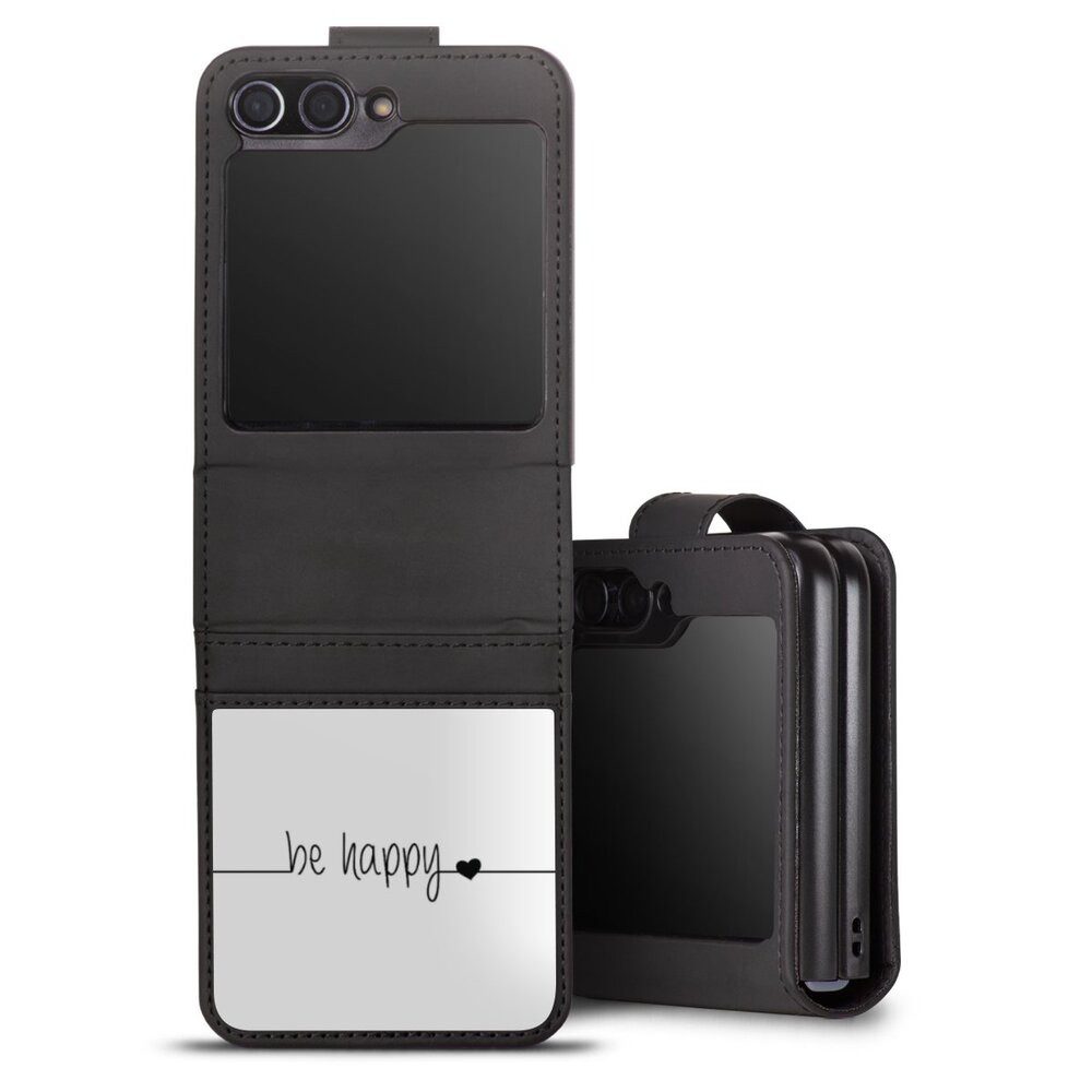 DeinDesign Handyhülle Statement Sprüche Glück Be Happy weisser Hintergrund, Samsung Galaxy Z Flip 5 Hülle Handy Flip Case Wallet Cover