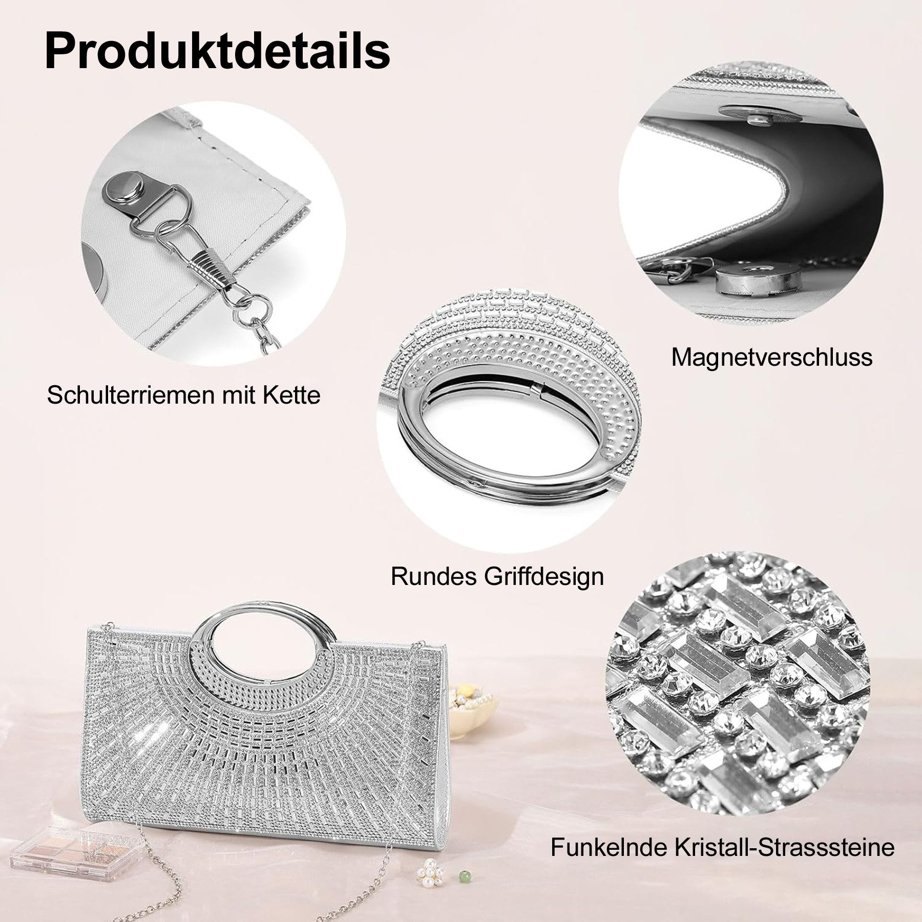 Mutig Abendtasche Clutch,Abendtasche,Handtasche, Handtasche mit abnehmbarem Kettenriemen (Clutch-Handtaschen für Damen Strass-Abendtasche Funkelnde, 14.3 x 25.5 x 5cm Modische Geldbörse), für Hochzeit, Cocktailparty, Bankette,Partys,Abschlussbälle,Damen