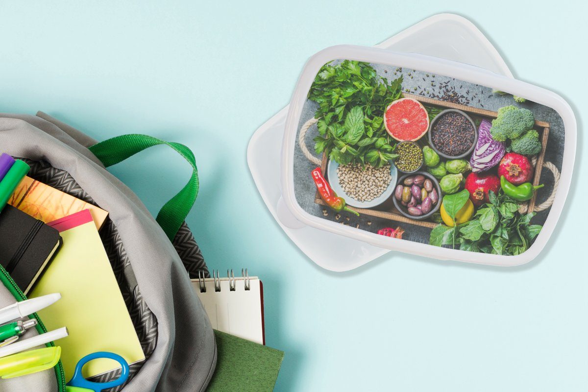 MuchoWow Lunchbox und und - (2-tlg), Gesund, für - Jungs Obst weiß Kunststoff, Erwachsene, Box Brotdose, für Kinder Mädchen Brotbox