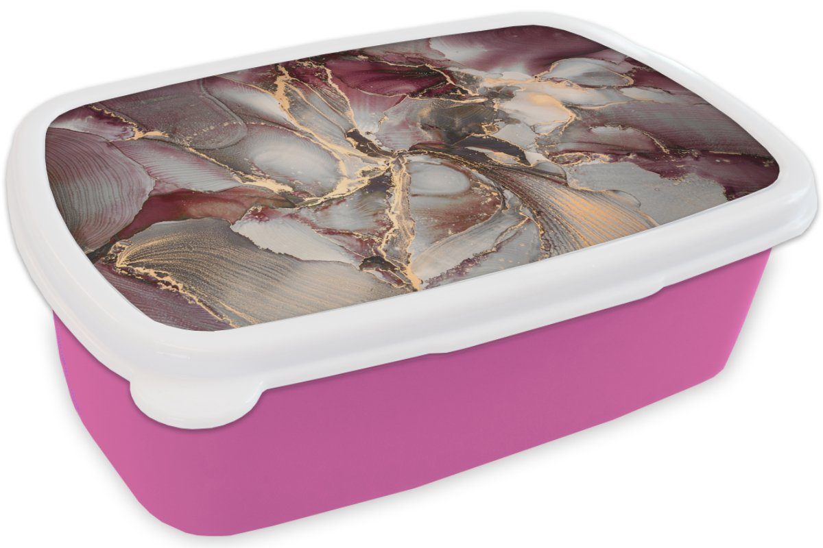 MuchoWow Lunchbox Gold - Marmor - Kunststoff, Brotdose (2-tlg), Lila, Kunststoff für Kinder, Mädchen, Brotbox Snackbox, rosa Erwachsene
