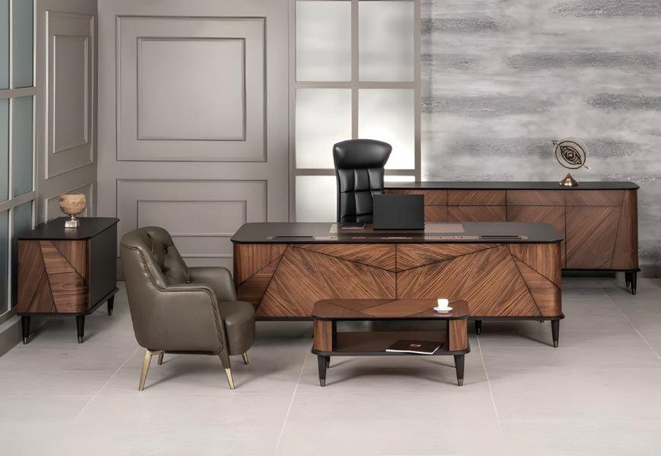 JVmoebel Büromöbel-Set Designer Büromöbel in Schwarz mit ergonomischem Stuhl und Schreibtisch, (5-tlg., 5 tlg.BÜRO SET (Schreibtisch+Stuhl+Couchtisch+Konsole+Sessel), Made in Europa