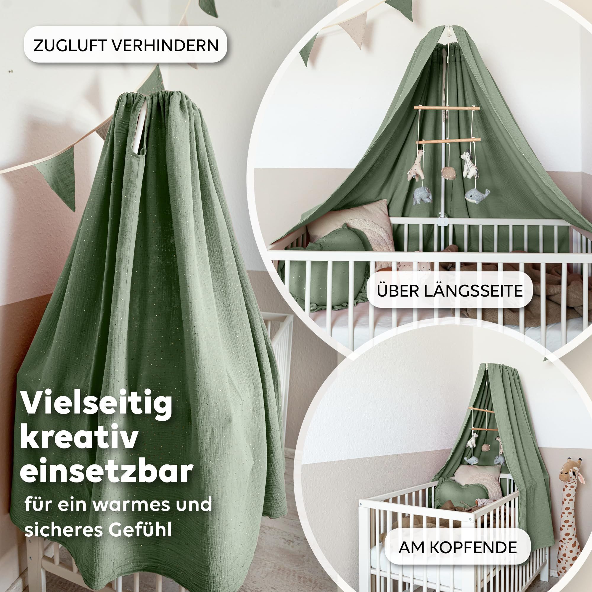lilimaus Betthimmel Babybett Himmel Gold aus Musselin - handgenähter Baldachin (1-tlg), Betthimmel mit Gold-Details - weich & sanft zu zarter Babyhaut