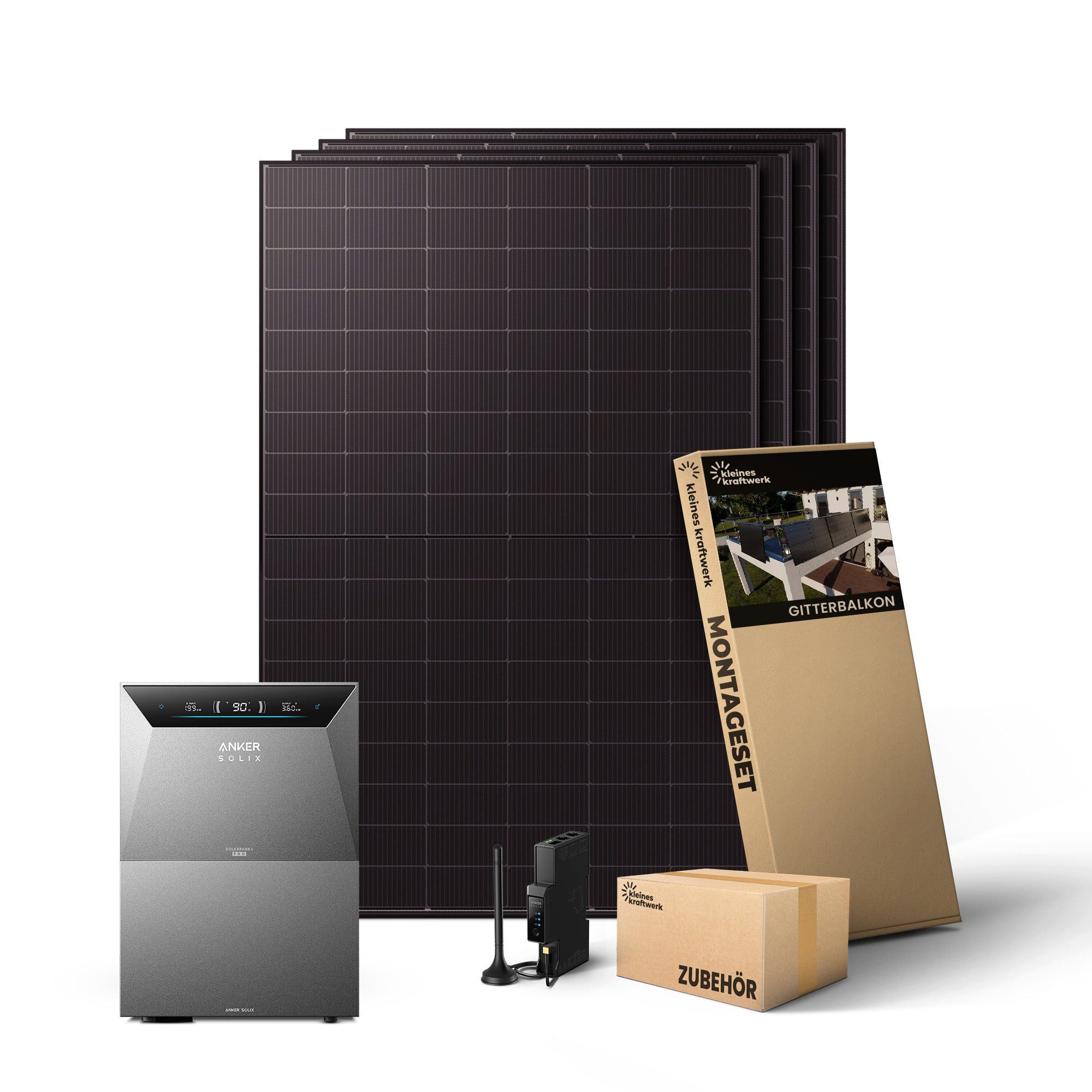 Kleines Kraftwerk Balkonkraftwerk Quattro XL mit Speicher (Anker Solarbank 4 Pro), 2000 W, Monokristallin, (Gitterbalkon, Solaranlage Komplettset mit Speicher), 4 x 500W, Anker Solarbank 4 Pro